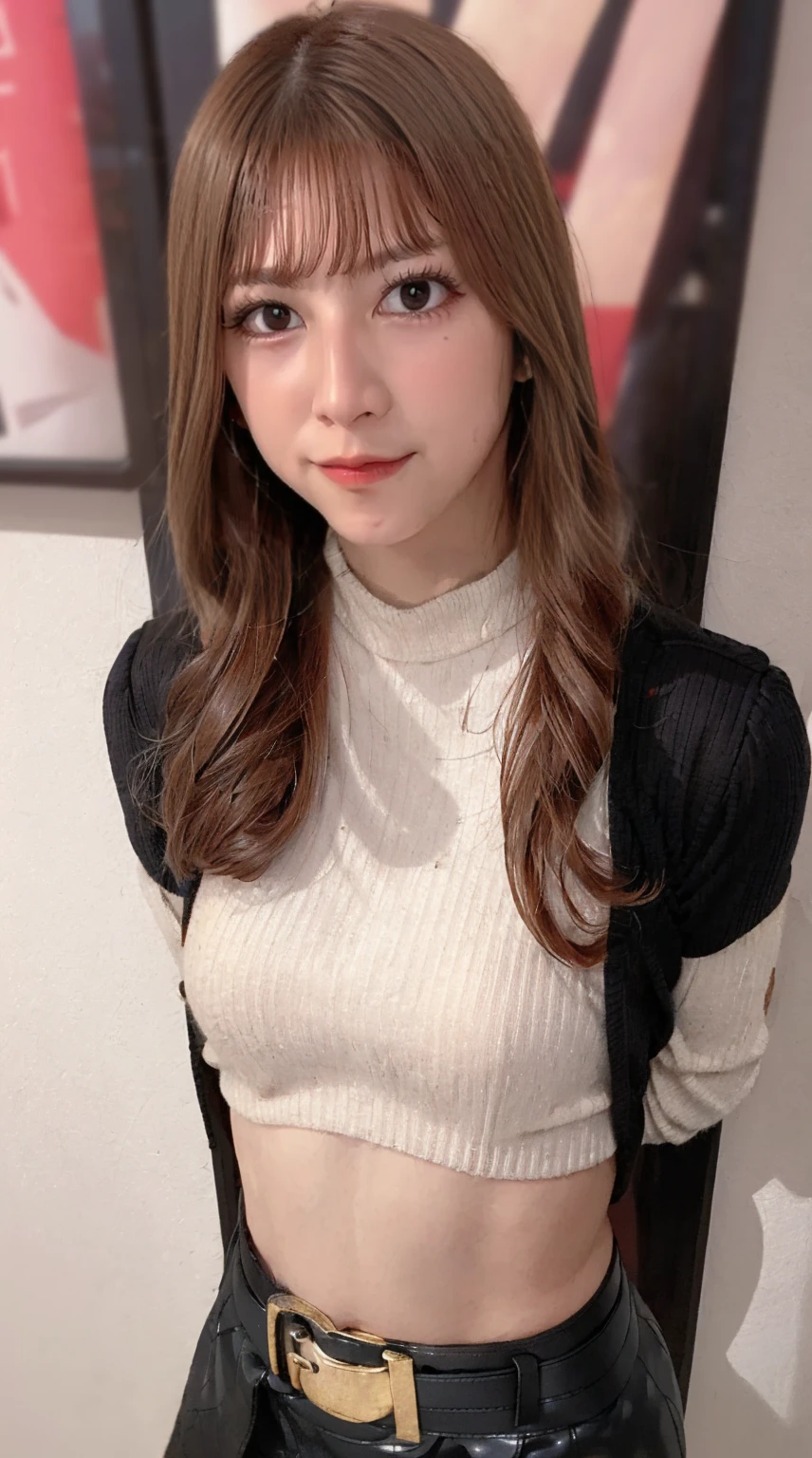 masterpiece, best quality, 4K, ultra-detailed, photorealistic, (1 girl), (A fascinating eye for perfect detail:1.2), (smile), ((center parted hair)), (medium brown hair), ((white ribbed sweater)), (black leather skirt), (black belt with gold buckle), ((arms at sides)), (standing), (front view), (full body), (cityscape)
