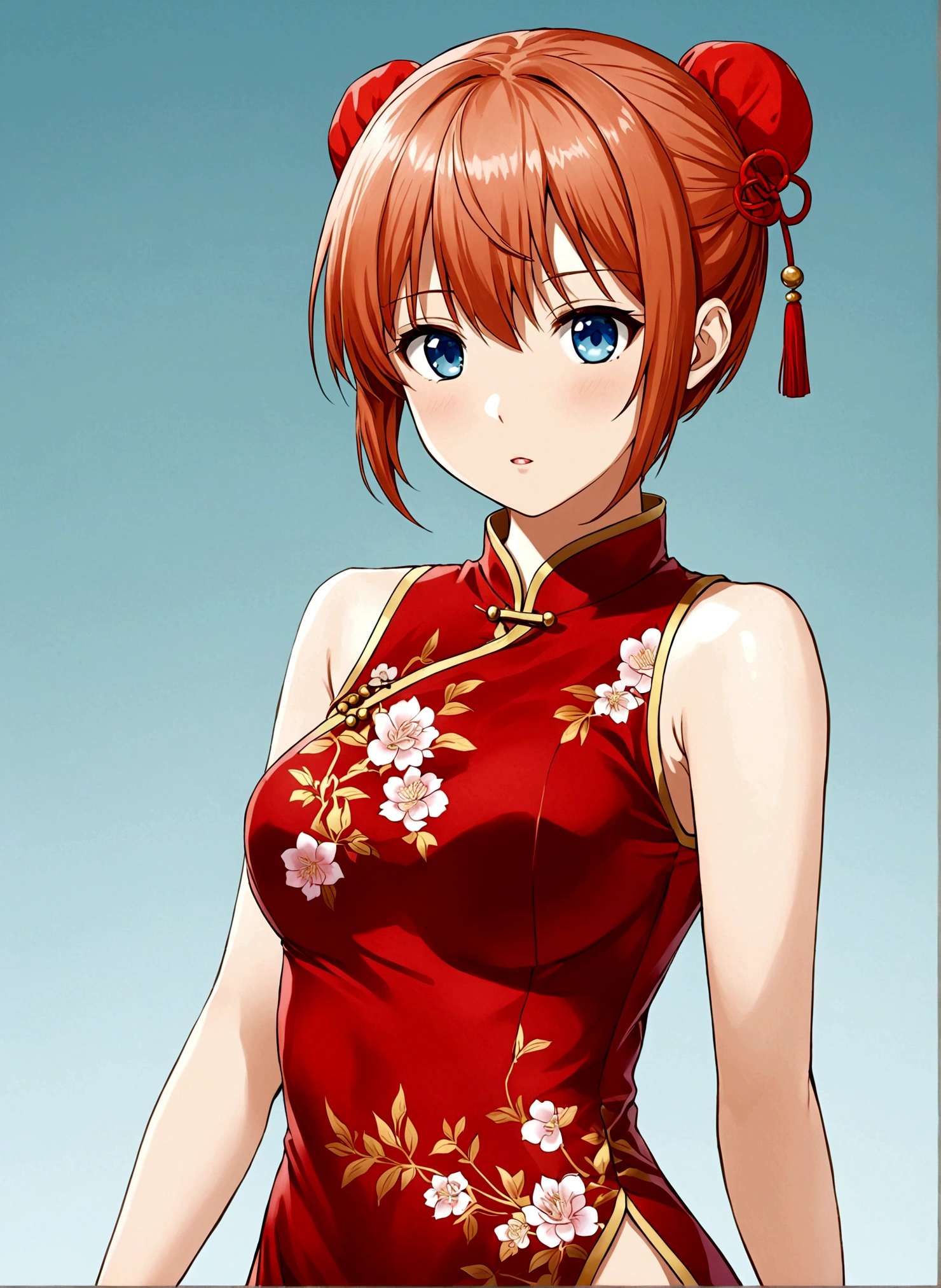1girl, solo, breasts, short hair, bangs, blue eyes, simple background, cheongsam, hair between eyes, bare shoulders, medium breasts, standing, cowboy shot, small breasts, parted lips, sleeveless, shiny, hair bun, orange hair, shiny hair, gradient, bare arms, gradient background, covered navel, sleeveless cheongsam, blue background, chinese clothes, red  cheongsam, china  cheongsam, side slit, bun cover, kagura \(gintama\