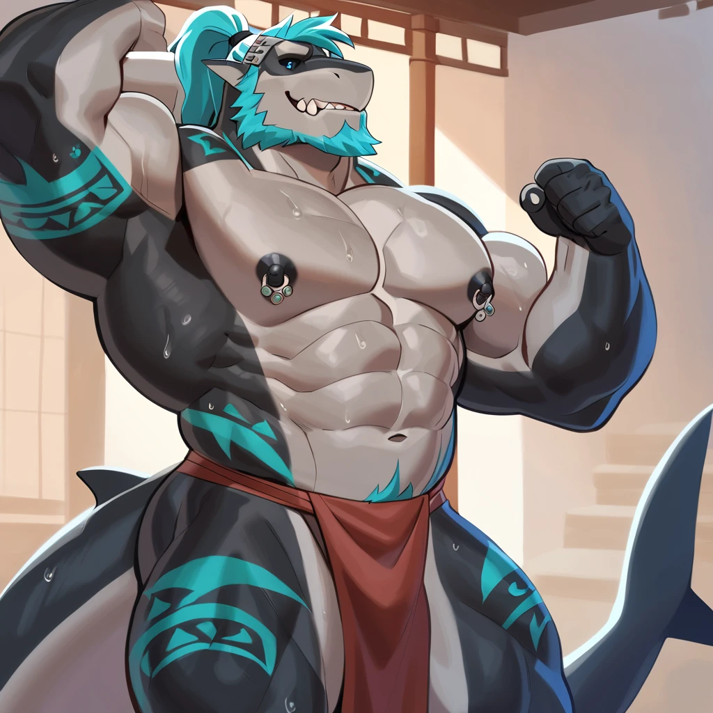 white and black bara shark, cyan highlights, strong physique, tribal tattoos, white and blue samurai hair in ponytail, cyan colored eyes, black sclera, very muscular, perfect anatomy, nipple piercings, solo, masterpiece, sexy pose, manly pose, beard, strong jaw, thick thighs, giant biceps, big tail, strong physique, long hair, glowing eyes, very muscular, perfect anatomy, full body view in frame, nipple piercings, solo, masterpiece, sexy pose, tattoos, beard, strong jaw, thick thighs, giant biceps, muscular, feet shown, 5 fingers, big tail, sweat, amazing shading, clear focus, great lighting, super detailed, strong pose, 8K, colorful, vivid color, digital art, character design, great character design, design concept, by adios, magazine model, beauty model, casual clothing, very detailed eyes