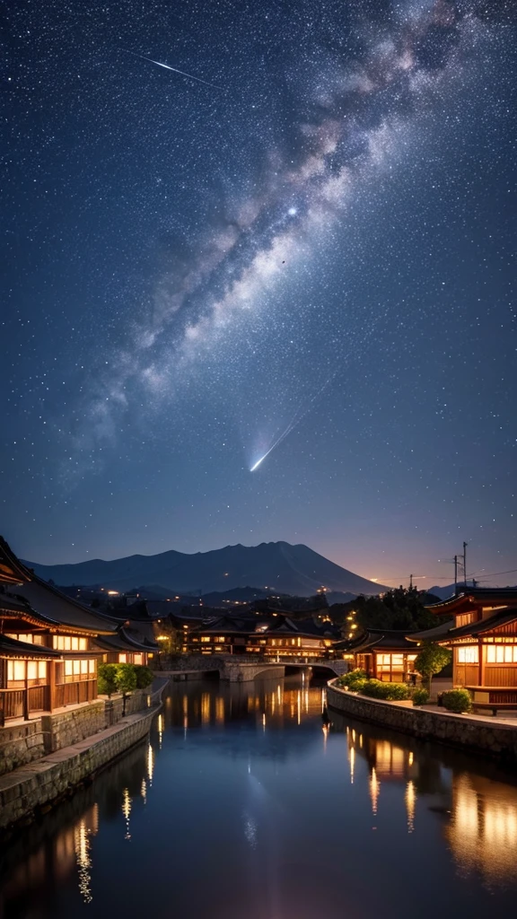 The night of japan city,with many star and many clored meteor shower 