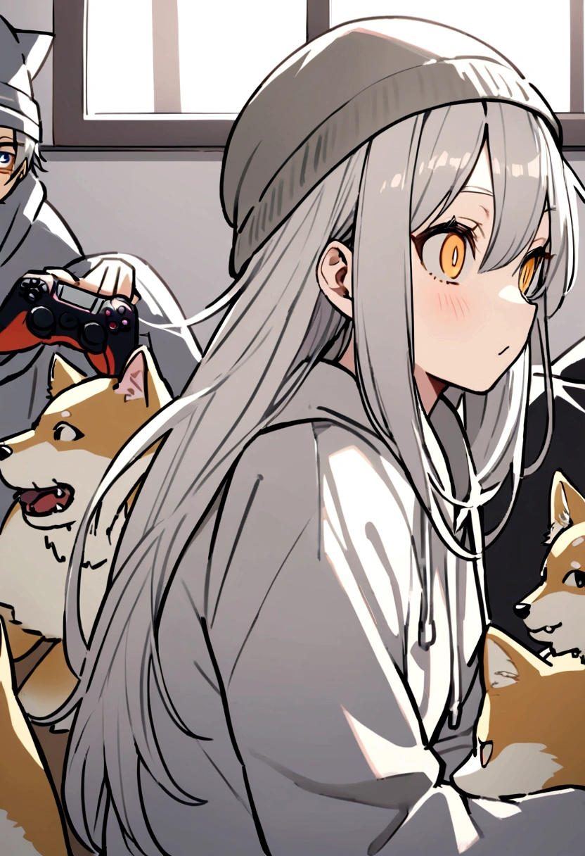 Wolf Hair、Big eyes、Long eyeliner、I like Shiba Inu, Cat, Have a game controller.、He is wearing a grey hoodie and a grey cap..Light colored long hair。