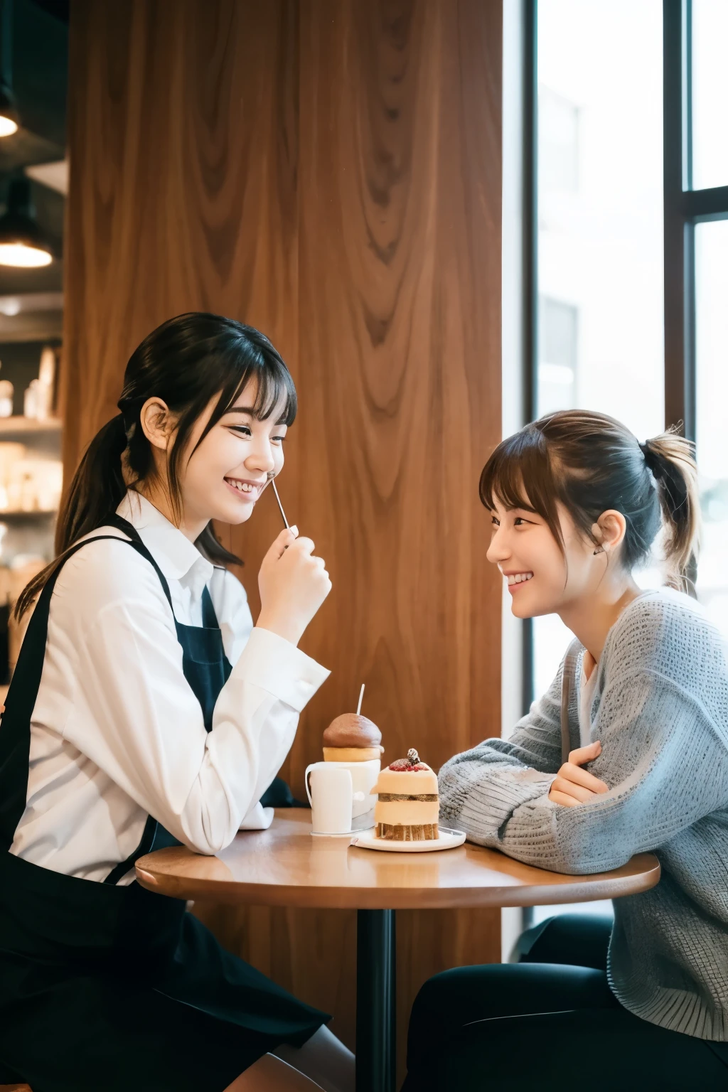 Two girls sitting in a cafe,Coffee and cake,Clothes for girls in their 20s,18-year-old,bangs,smile,Shortcuts,Low Ponytail,From below,Front light,Face to face,