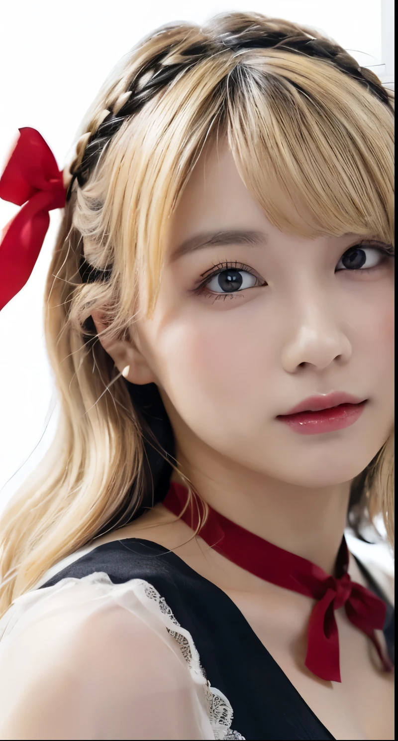 1 Girl,Beautifully detailed face:1.3、Close-up of face:1.6、The whole face fits in the frame:1.6、((She wears a big red ribbon in her hair like a French doll.:1.6))、 ((very small flat chest:1.7))、(A sheer camisole with a loose fit around the chest:1.7), ((Facing forward:1.6))、Pink Eyeshadow:1.6、((Looking into the camera:1.3))、Very beautiful Japanese idol portraits,
(RAW Photos, Highest quality), (Realistic, Realistic:1.4), (masterpiece),
Very delicate and beautiful, Very detailed, 2k wallpaper, wonderful, finely, Very detailed CG Unity 8K 壁紙, Very detailed, High resolution, Soft Light,
Beautiful detailed girl, Very detailed目と顔, Beautiful and sophisticated nose, Big beautiful eyes, Cinema Lighting,
(Simple and solid background:1.3),
(Blonde medium hair:1.5), (Parted bangs),
Complete Anatomy, Slender body,Very small breasts, Sensual look