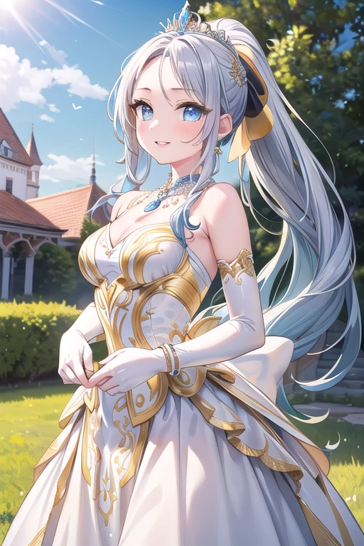 #Basic setting One girl, A girl is posing for a photo, pretty girl, Enchanting girl, Beautiful Anime Girls, (Very young girl,low length,5 years old),
#Clothing Accessories
((Yellow and white)Quinceanera(Long skirt dress):1.6) + (Yellow and white)Corset, (Sheer white elbow gloves:1.8, White High Heels:1.4),
((fancy silver bracelet, Large silver necklace, Silver Tiara)),
BREAK
#Hairstyle
((Sky Blue Hair, Bangs that expose the forehead:1.4, ponytail : Long Hair + Curly hair + Curled + Plump and very voluminous + Very thick hair + Big black ribbon), (blue eyes)),
BREAK
#environment
((Very small breasts)),
BREAK
((smile)),
((noon, Sunshine + Fantasy world castle:1.4, Walking)),
BREAK
((Face the camera:1.4, Cowboy Shot:1.4)),
BREAK
#Parts Settings
(Beautiful Hair, Shiny Hair, Shiny Hair)),
(Double eyelids, Long eyelashes),
(Expression of fine eyes, Beautiful and delicate eyes, Sparkling eyes, Eye Reflexes),
(Beautiful Nose,Thin Nose),
(Glossy Lips, Beautiful Lips, thick lips),
(Symmetrical facial features, Perfect Face), (Beautiful breasts), (Detailed skin, Oily skin, Textured skin, Glowing Beautiful Skin),
BREAK
#quality
((Ultra-high resolution)), (((masterpiece))), (((最高quality))), ((8K)), (Attention to detail), (Beautiful sparkle), (High detail), (Anatomically correct)),
((Realistic)), ((The best CG)), Highly detailed art, CG illustration, ((Line art)),