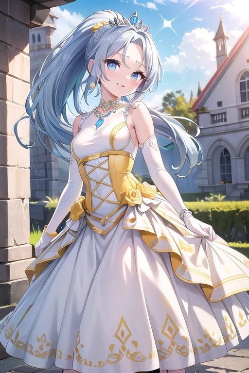 #Basic setting One girl, A girl is posing for a photo, pretty girl, Enchanting girl, Beautiful Anime Girls, (Very young girl,low length,5 years old),
#Clothing Accessories
((Yellow and white)Quinceanera(Long skirt dress):1.6) + (Yellow and white)Corset:1.6, (Sheer white elbow gloves:1.8, White High Heels:1.4),
((fancy silver bracelet, Large silver necklace, Silver Tiara)),
BREAK
#Hairstyle
((Sky Blue Hair, Bangs that expose the forehead:1.4, ponytail : Long Hair + Curly hair + Curled + Plump and very voluminous + Very thick hair + Big black ribbon), (blue eyes)),
BREAK
#environment
((Very small breasts)),
BREAK
((smile)),
((noon, Sunshine + Fantasy world castle:1.4, Walking)),
BREAK
((Face the camera:1.4, Cowboy Shot:1.4)),
BREAK
#Parts Settings
(Beautiful Hair, Shiny Hair, Shiny Hair)),
(Double eyelids, Long eyelashes),
(Expression of fine eyes, Beautiful and delicate eyes, Sparkling eyes, Eye Reflexes),
(Beautiful Nose,Thin Nose),
(Glossy Lips, Beautiful Lips, thick lips),
(Symmetrical facial features, Perfect Face), (Beautiful breasts), (Detailed skin, Oily skin, Textured skin, Glowing Beautiful Skin),
BREAK
#quality
((Ultra-high resolution)), (((masterpiece))), (((最高quality))), ((8K)), (Attention to detail), (Beautiful sparkle), (High detail), (Anatomically correct)),
((Realistic)), ((The best CG)), Highly detailed art, CG illustration, ((Line art)),