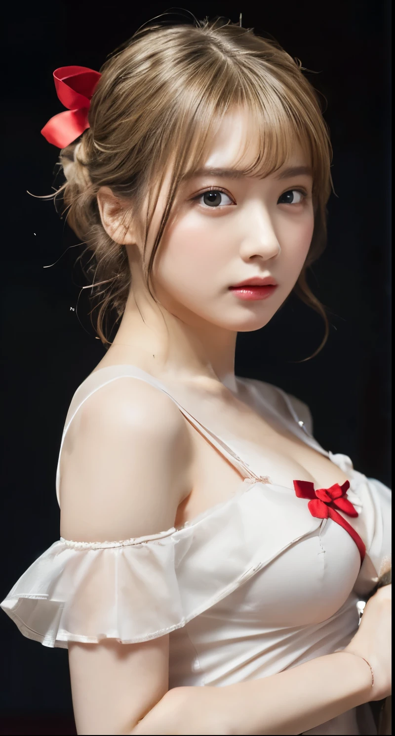 1 Girl,Beautifully detailed face:1.3、Close-up of face:1.6、The whole face fits in the frame:1.6、((She wears a big red ribbon in her hair like a French doll.:1.6))、 ((very small flat chest:1.7))、(A sheer camisole with a loose fit around the chest:1.7), ((Facing forward:1.6))、Pink Eyeshadow:1.6、((Looking into the camera:1.3))、Very beautiful Japanese idol portraits, 
(RAW Photos, Highest quality), (Realistic, Realistic:1.4), (masterpiece), 
Very delicate and beautiful, Very detailed, 2k wallpaper, wonderful, finely, Very detailed CG Unity 8K 壁紙, Very detailed, High resolution, Soft Light, 
Beautiful detailed girl, Very detailed目と顔, Beautiful and sophisticated nose, Big beautiful eyes, Cinema Lighting, 
(Simple and solid background:1.3),
(Blonde medium hair:1.5), (Parted bangs), 
Complete Anatomy, Slender body,Very small breasts, Sensual look