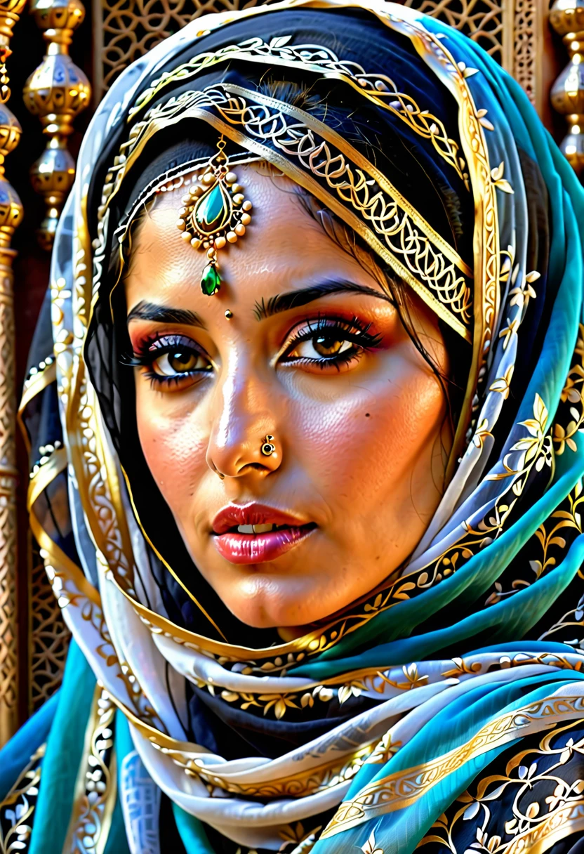 Hyperrealistic style，Close-up，Image of a Middle Eastern woman with long hair and veil，Need to draw a religious pattern decoration on the veil。