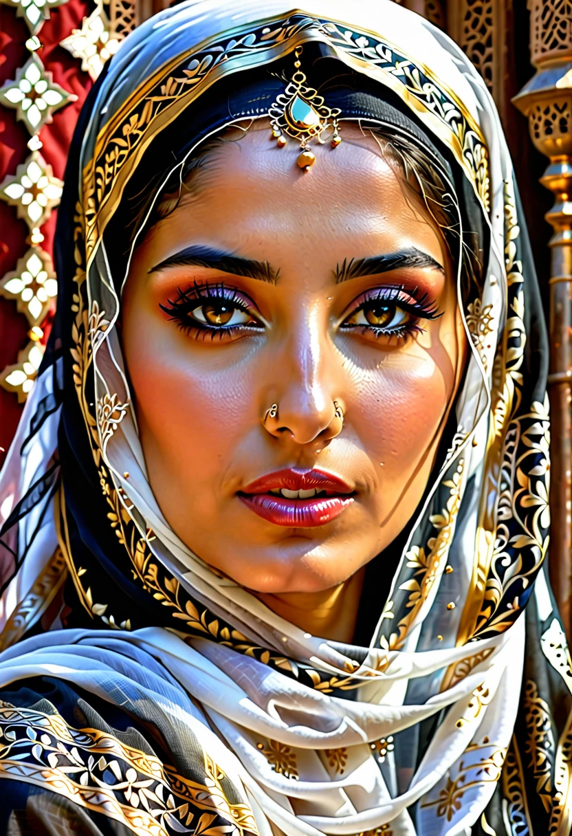 Hyperrealistic style，Close-up，Image of a Middle Eastern woman with long hair and veil，Need to draw a religious pattern decoration on the veil。