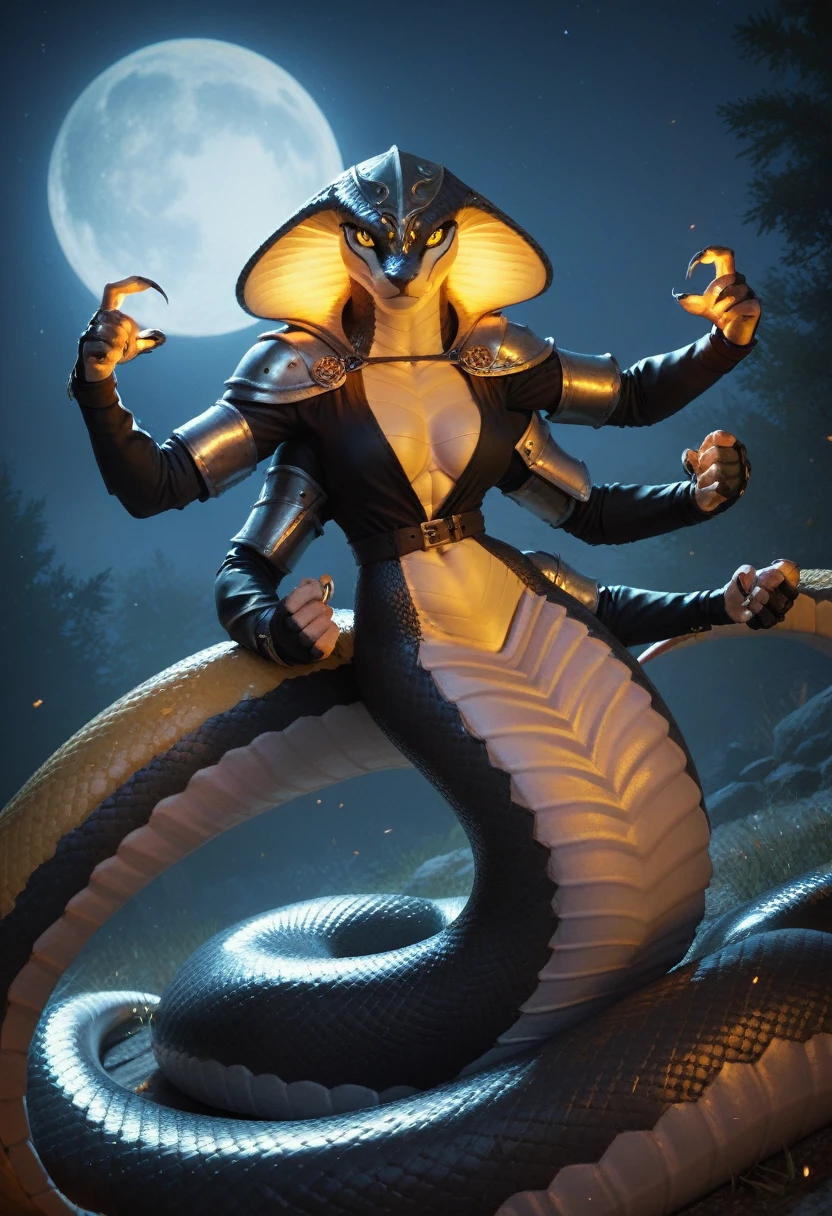 score_9, score_8_up, score_7_up, score_6_up, Anthro, cobra, cobra hood, lamia, glowing yellow eyes, (Four Arms:1.3), medieval, cxqz8r, night, fullmoon, fighting_stance, claws, solo, nacked
