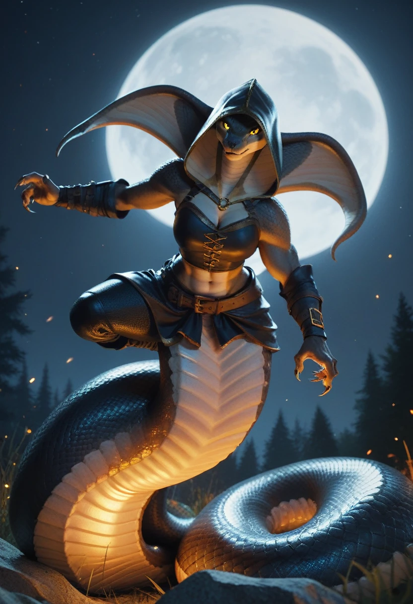 score_9, score_8_up, score_7_up, score_6_up, Anthro, cobra, cobra hood, lamia, glowing yellow eyes, (Four Arms:1.3), medieval, cxqz8r, night, fullmoon, fighting_stance, claws, solo, nacked
