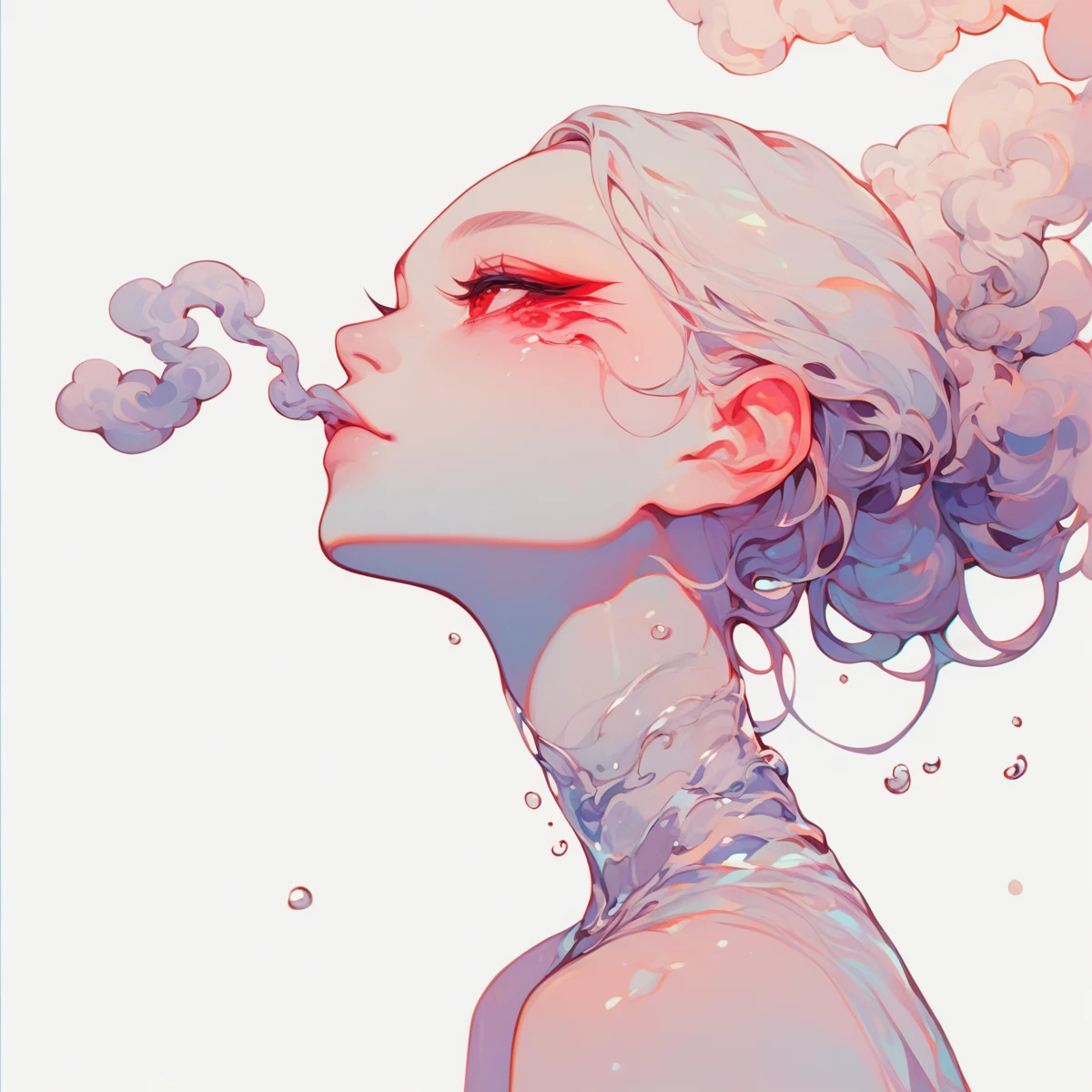 did vaporwave style, solo, 1girl, female, water, white background, red eyes, simple background, from side, glitching, smoke surrounding her, in tatters, score_9, score_8_up, score_7_up, score_6_up, score_5_up, score_4_up