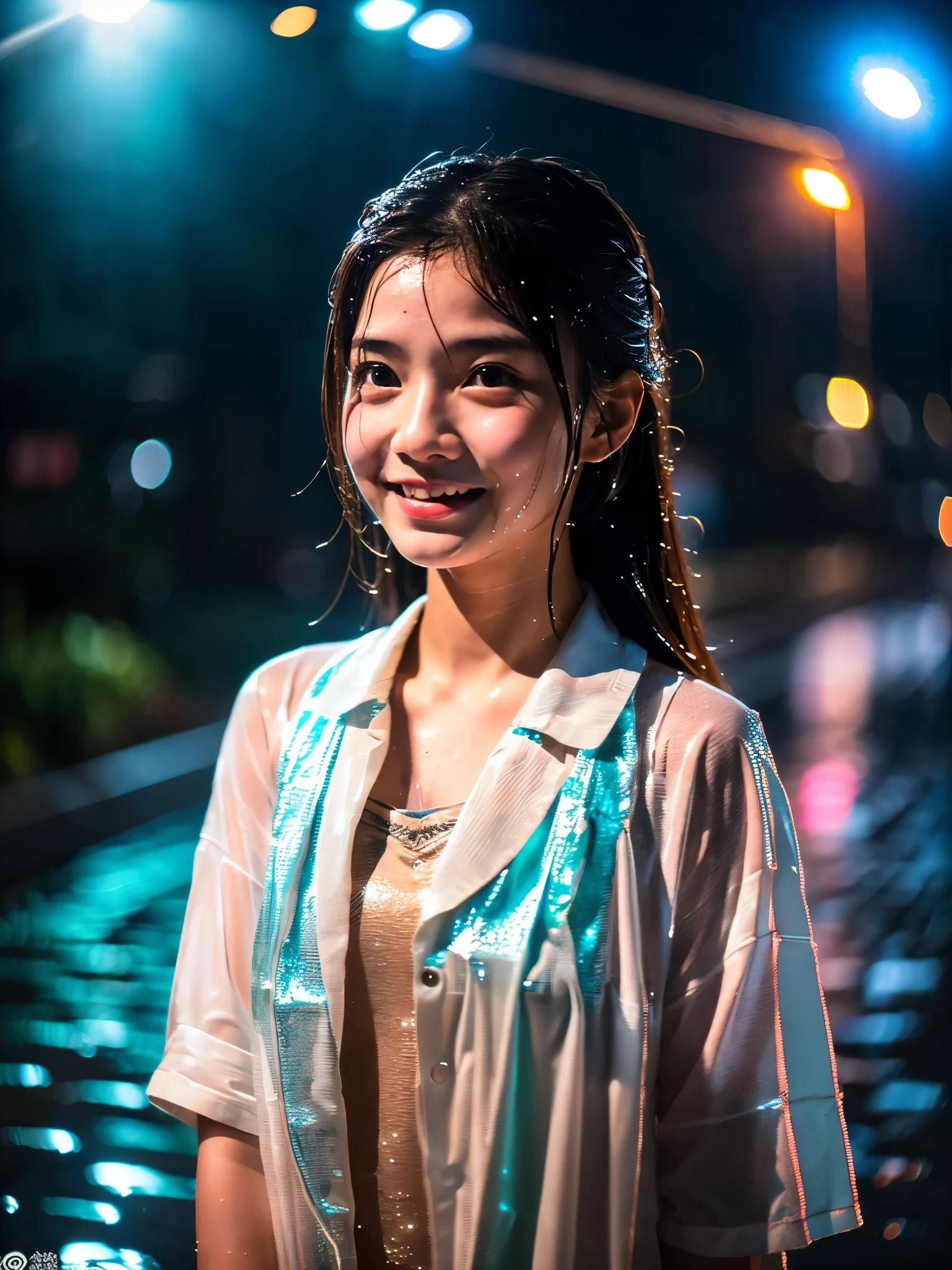 songkran,Wet roads , soaked through,drenched, Dripping, Wet Face,Wet clothes, Wet Skin, Wet Hair,A young woman with a cute face like an idol,(chest,(Cinema lighting),(Artistic),RAW Photos,Genuine,Genuine,High resolution,RAW Photos,masterpiece, beautiful