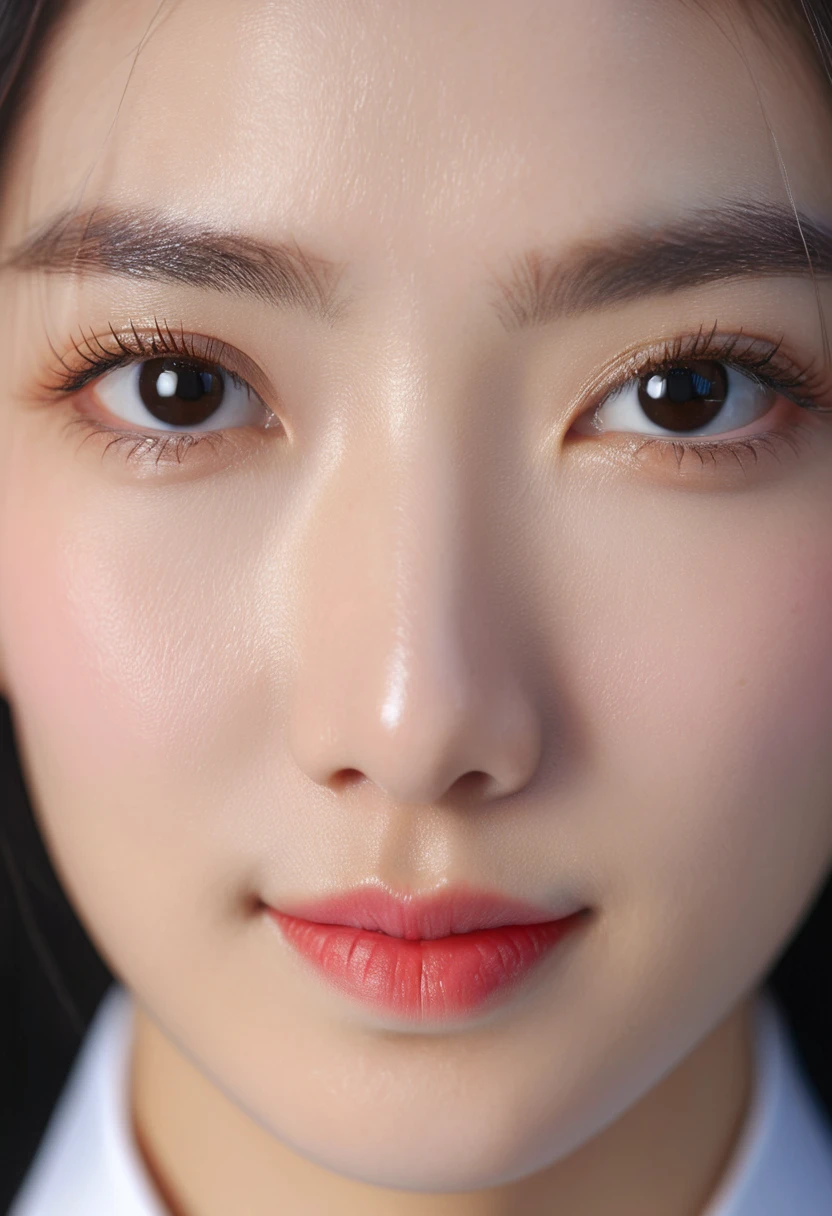 Best Quality, 8k, Masterpiece, (Portrait: 1.3), (photo realistic:1.4), (hyper realistic:1.4), Sharp Focus, looking at viewer, (smoother lighting:1.1), (increase cinematic lighting quality:0.9), realistic lighting, backlighting, light on face, ray trace, (brightening light:1.2), (Increase quality:1.4), sharp detail, (best quality real texture skin:1.4), finely detailed eyes, black_eyes, finely detailed face, 25 year old Korean woman, (white formal_shirt:1.4), (Create an image maintaining the original base model hairstyle:1.5)