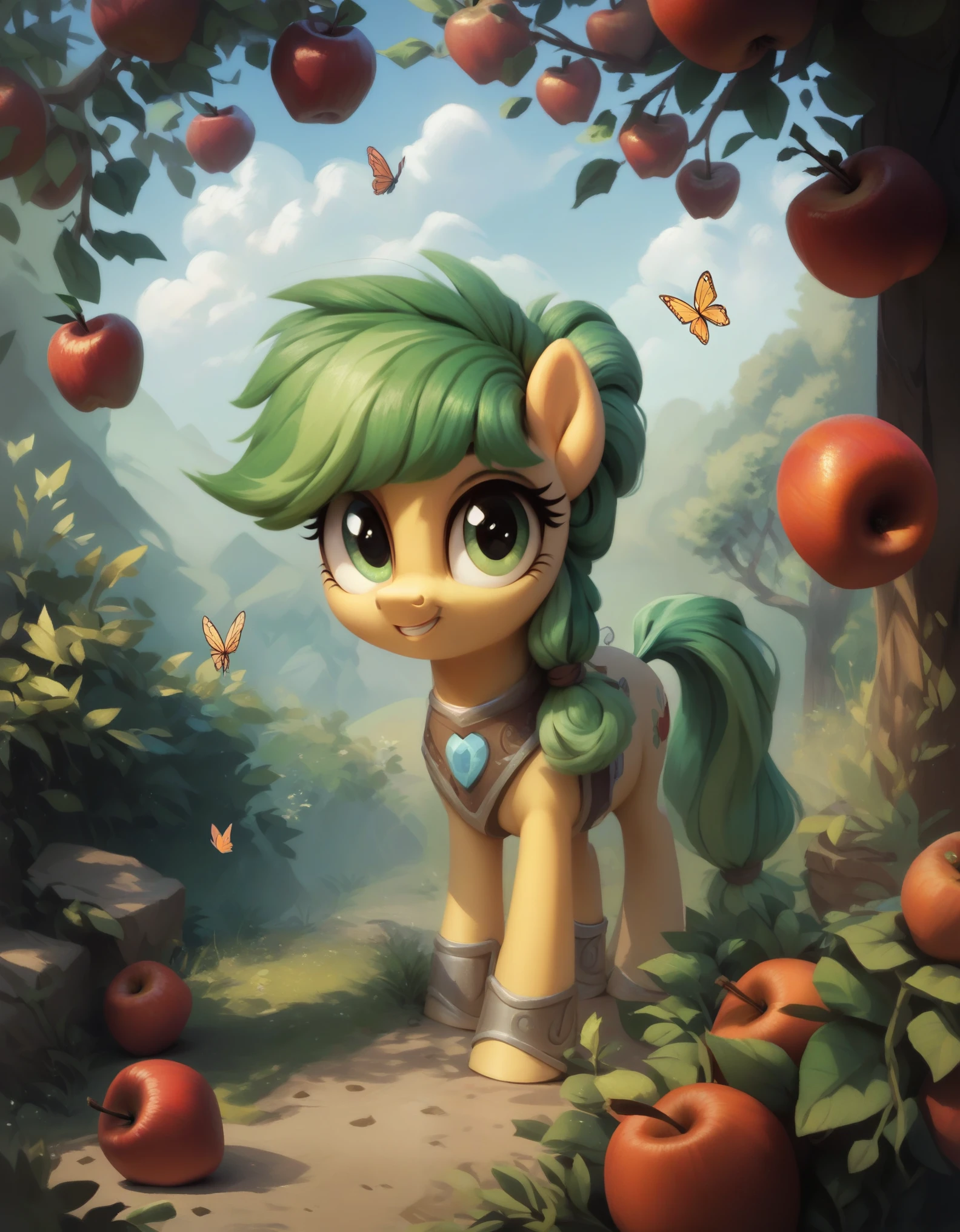score_9,score_8_up,score_7_up,score_6_up,score_5_up,score_4_up,source_pony,woman playing with a butterfly near a apple tree,feral,solo focus,rating_safe,