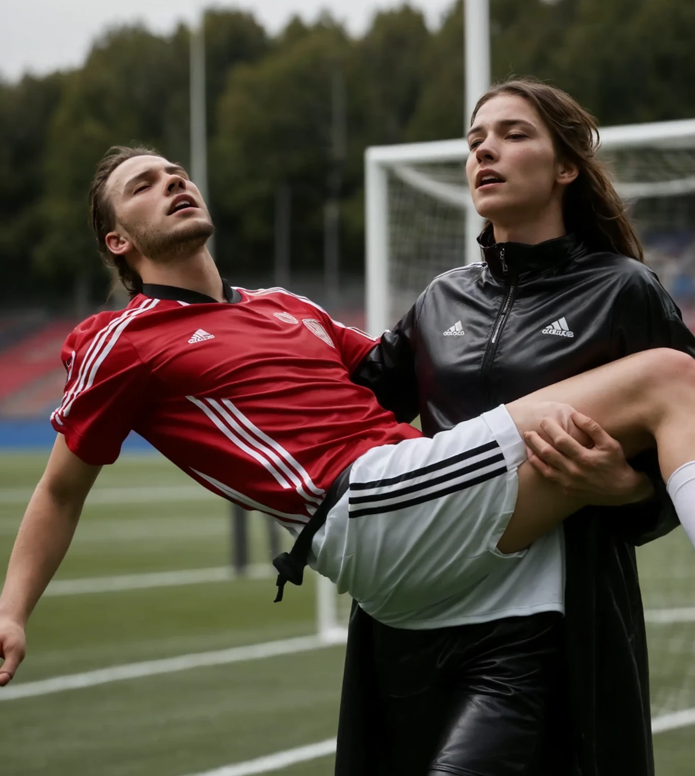 his head hangs down, his body hangs weak and unconscious, there is a longhaired and beautiful girl in a black jacket standing, woman carrying a consciousless man at a soccer game, Andrea carries the wounded man's body in her hands, Andrea grabs his legs and his body with her hands, the bearded man in Andrea's arms is visibly in pain, stadium atmosphere, the bearded man is lying consciousless in Andrea's arms with one arm hanging down, A scene at a soccer stadium, a bearded man lying in a caring women's arms, lying helpless in her arms with his head dangling down, he has one arm dangling down while being carried in the women's arms, There is an attractive and heavily made-up woman in a long black leather coat, A pretty woman in a shiny black leather coat on a soccer field, A wonderful woman is holding a passed out man, A man in matt and roughened sportswear is held diagonal in her arms, a man in a woman's arms and lets one arm dangling down, we see the man held in front of the woman's body, the man is cradled in the woman's arm while being carried, the beautiful woman is exceptionally heavily made up and has an extremely desperate and very angry expression on her face, high-resolution photo, realistic sports photo, soccer scene, woman in black shiny long leather coat, injury scene, real photo, ultra realistic, high definition, sports photography