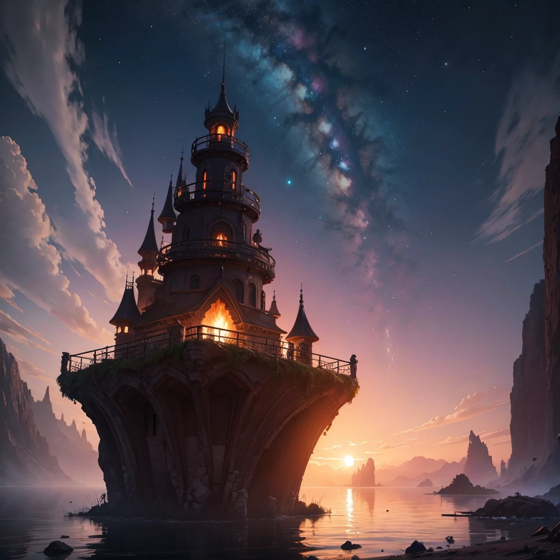 Beautiful lake with sunset and stars、Concept art rendered in Unreal Engine, Concept art great atmosphere, Jessica Rosier's Fantasy Art, Concept art 8K resolution, Concept art 8K resolution, concept art 8k, Beautiful concept art, Unreal Engine Fantasy Art, Andreas Rocha Style, Relaxing concept art, 4k resolution concept art