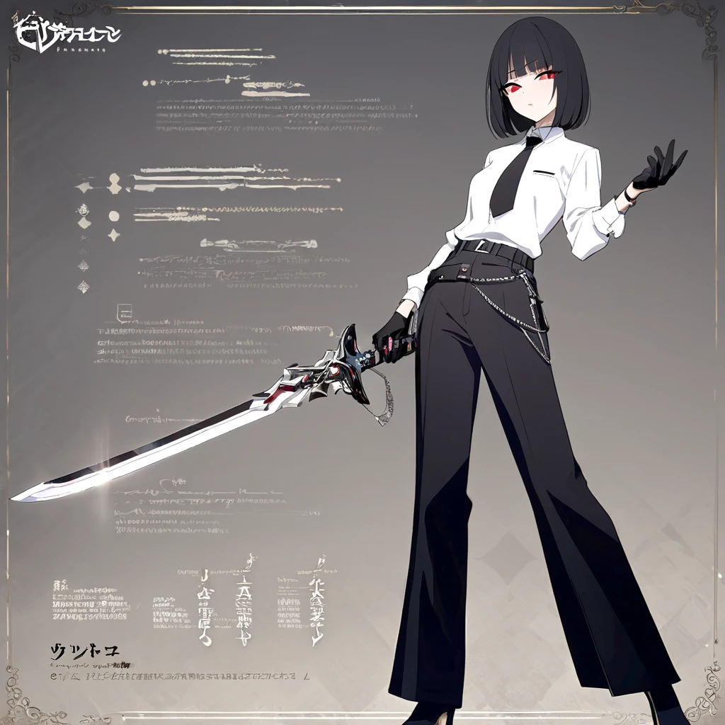 One woman,Dynamic,whole body,Are standing,mysterious,Concept Art,Character Design,Jet black straight hair,The bangs are trimmed to accentuate the eyes.,Well-proportioned face,Sharp Eyes,White shirt,Black tie,Black slacks,Silver cufflinks on the left hand,On the ring finger of her right hand she wears a simple silver ring.。Luxury watches,Black leather shoes,beltでウエストラインを強調,Stylish,Red eyes,belt,Stylish,Simple background gray,Details,Okabo Hair,Half-open eyes,Cool appearance,,Black gloves,Short Hair,Narrow eyes,Accentuated body lines,Has a sword on his waist,