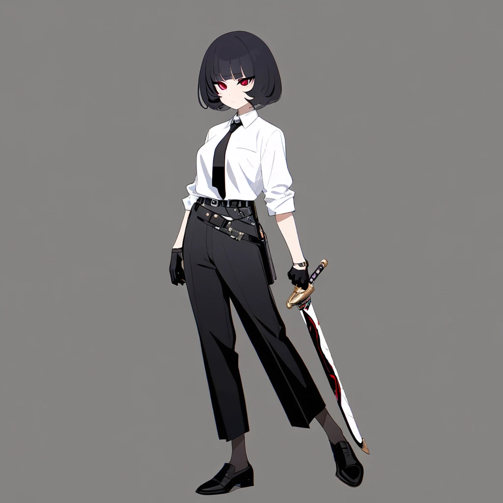One woman,Dynamic,whole body,Are standing,mysterious,Concept Art,Character Design,Jet black straight hair,The bangs are trimmed to accentuate the eyes.,Well-proportioned face,Sharp Eyes,White shirt,Black tie,Black slacks,Silver cufflinks on the left hand,On the ring finger of her right hand she wears a simple silver ring.。Luxury watches,Black leather shoes,beltでウエストラインを強調,Stylish,Red eyes,belt,Stylish,Simple background gray,Details,Okabo Hair,Half-open eyes,Cool appearance,,Black gloves,Short Hair,Narrow eyes,Accentuated body lines,Has a sword on his waist,