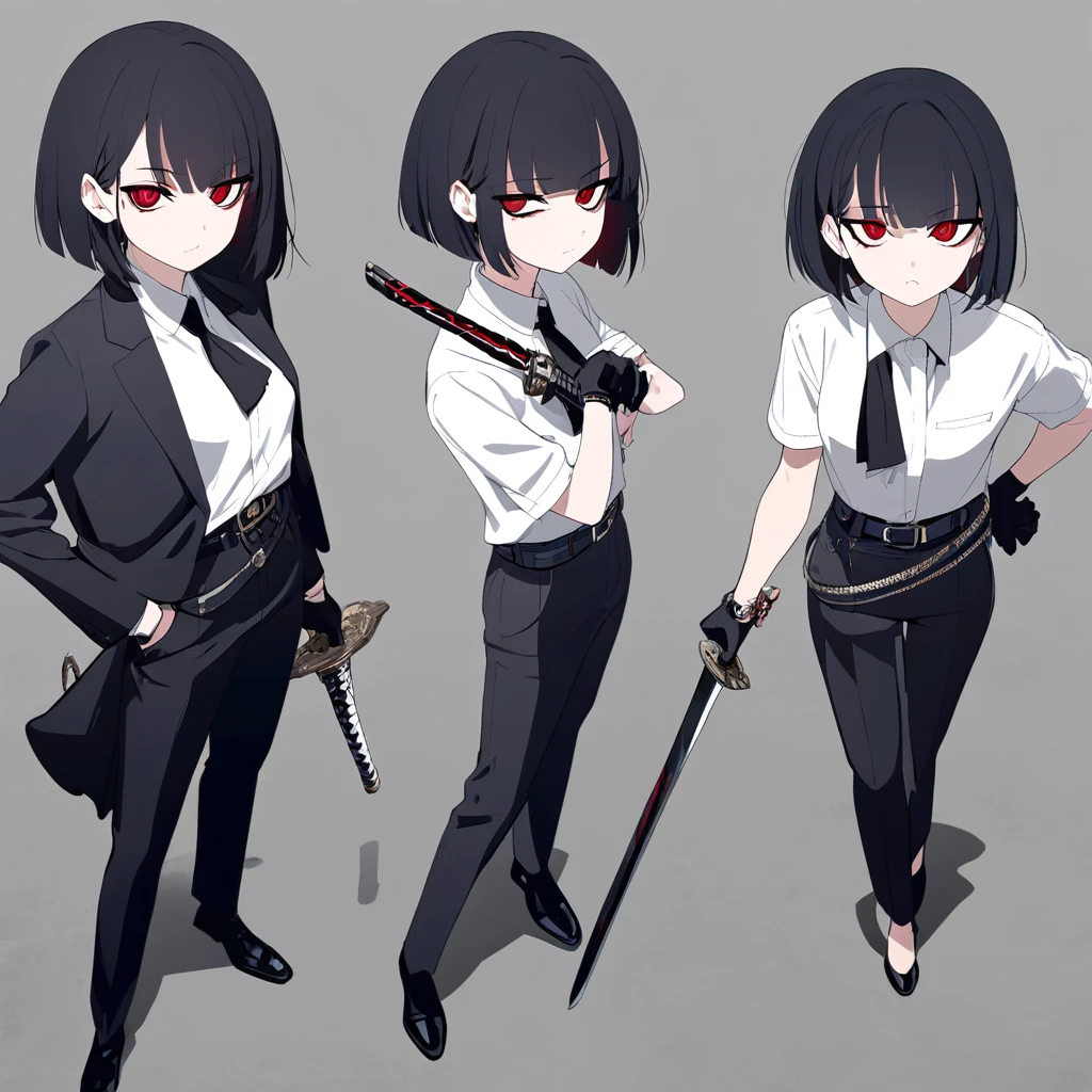 One woman,Dynamic,whole body,Are standing,mysterious,Concept Art,Character Design,Jet black straight hair,The bangs are trimmed to accentuate the eyes.,Well-proportioned face,Sharp Eyes,White shirt,Black tie,Black slacks,Silver cufflinks on the left hand,On the ring finger of her right hand she wears a simple silver ring.。Luxury watches,Black leather shoes,beltでウエストラインを強調,Stylish,Red eyes,belt,Stylish,Simple background gray,Details,Okabo Hair,Half-open eyes,Cool appearance,,Black gloves,Short Hair,Narrow eyes,Accentuated body lines,Has a sword on his waist,