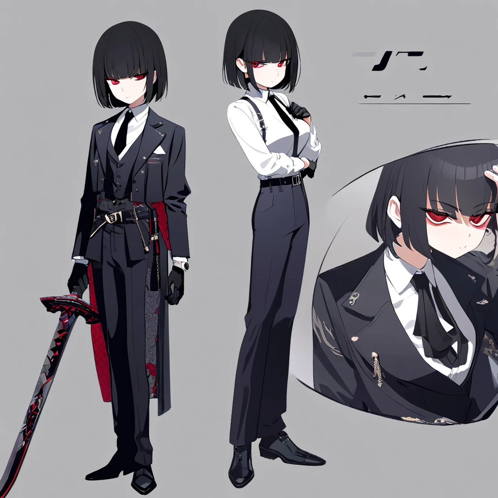 One woman,Dynamic,whole body,Are standing,mysterious,Concept Art,Character Design,Jet black straight hair,The bangs are trimmed to accentuate the eyes.,Well-proportioned face,Sharp Eyes,White shirt,Black tie,Black slacks,Silver cufflinks on the left hand,On the ring finger of her right hand she wears a simple silver ring.。Luxury watches,Black leather shoes,beltでウエストラインを強調,Stylish,Red eyes,belt,Stylish,Simple background gray,Details,Okabo Hair,Half-open eyes,Cool appearance,,Black gloves,Short Hair,Narrow eyes,Accentuated body lines,Has a sword on his waist,