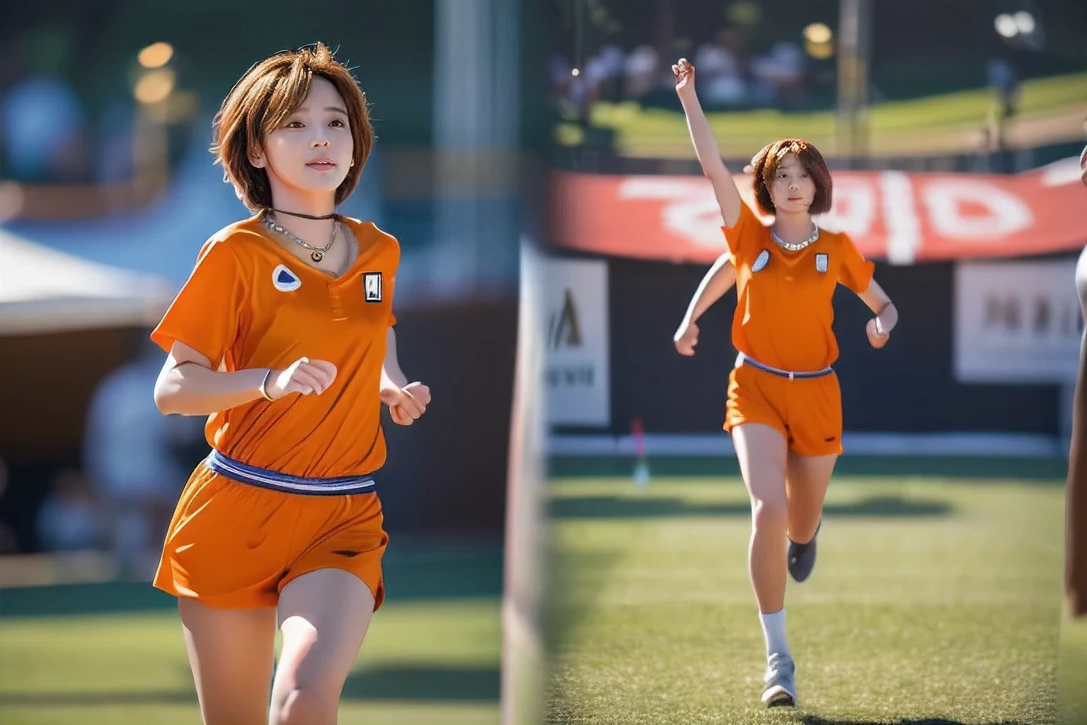 (Sports day at the grounds、Running a marathon:1.5)、(A beautiful profile without looking at the camera:1.5)、(Speedy running 18-year-old woman:1.5)、(The best quality at its best:1.4), (Super detailed), (Very detailed CG unified 16k), Beautiful woman with perfect figure: 1.4, Sharp focus: 1.2, Very detailed, High-quality RAW color photos, Professional photography, Great face and eyes, cosmetics, (Amazingly beautiful girl), ((moving、Wearing a jersey:1.5)), Realistic movie faces, Full body long view from head to toe, Realistic, ((Realistic natural orange red hairstyle)), ( Short Bob Hair:1.5), (necklace:1.5)、, Very beautiful face, Perfect model beauty, Mouth swelling, Highly detailed face and skin texture, Fine grain, double eyelid, Medium chest, (masterpiece), Highest quality, High resolution, Very detailed, Blurred Background, Depth of written boundary, Cinema Lighting, Great legs, , Clear, well-maintained skin,((Full body shot from head to toe:1.5))