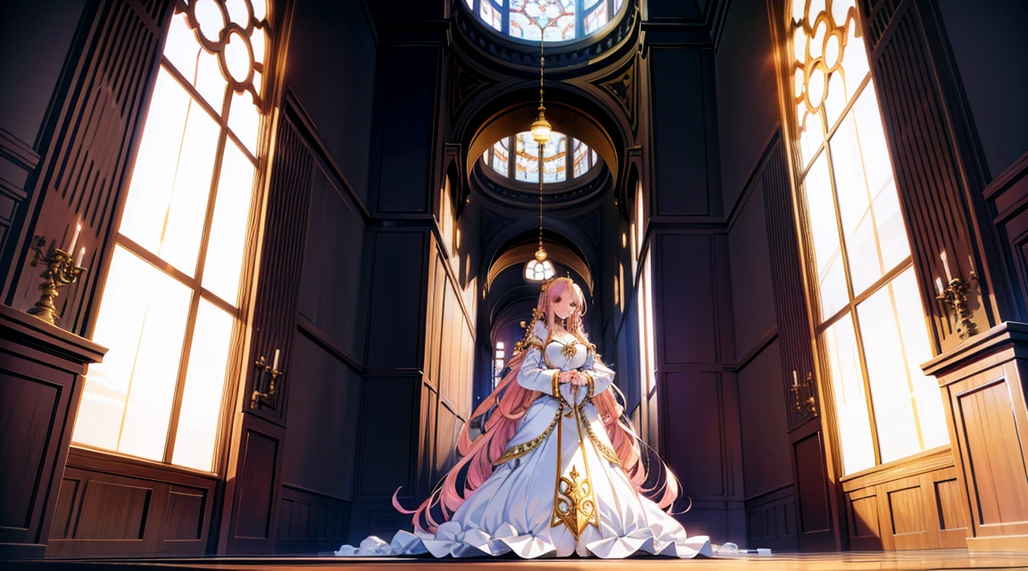 An anime-style illustration featuring a female character dressed as a sister in a castle. The character has long, flowing hair and is wearing a traditional sister's habit with an elegant, simple dress underneath. She is standing in front of large, ornate windows that let in soft light, with the castle's grand architecture visible around her. The background includes high ceilings, stone walls, and intricate decorations, creating an atmosphere of grandeur and mystique. The scene is vibrant and colorful, with detailed shading and gradients to add depth, and the character's eyes and facial expressions are emphasized to convey emotion. The overall style is bright and anime-inspired, with large expressive eyes and smooth, dynamic lines.