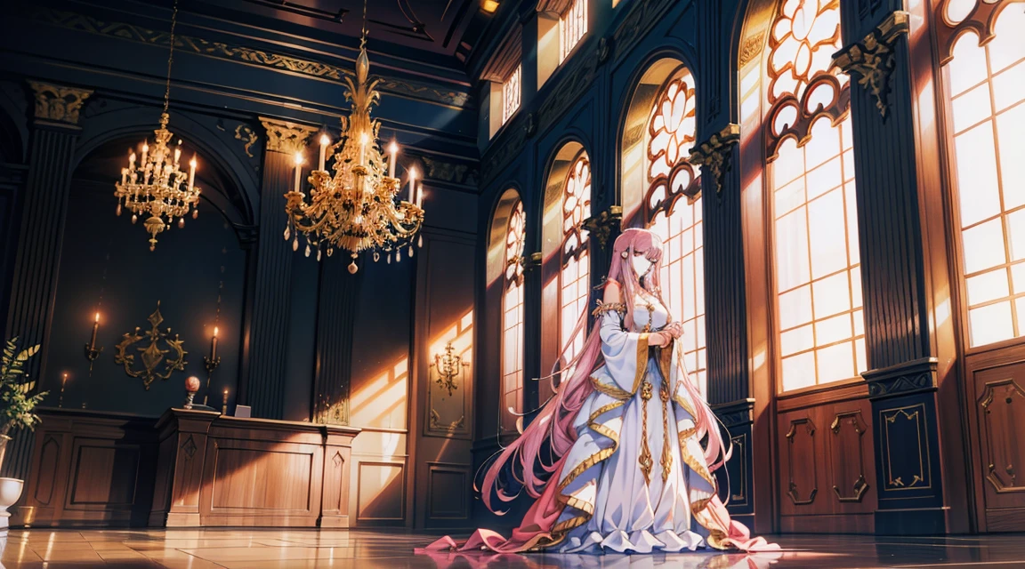 An anime-style illustration featuring a female character dressed as a sister in a castle. The character has long, flowing hair and is wearing a traditional sister's habit with an elegant, simple dress underneath. She is standing in front of large, ornate windows that let in soft light, with the castle's grand architecture visible around her. The background includes high ceilings, stone walls, and intricate decorations, creating an atmosphere of grandeur and mystique. The scene is vibrant and colorful, with detailed shading and gradients to add depth, and the character's eyes and facial expressions are emphasized to convey emotion. The overall style is bright and anime-inspired, with large expressive eyes and smooth, dynamic lines.