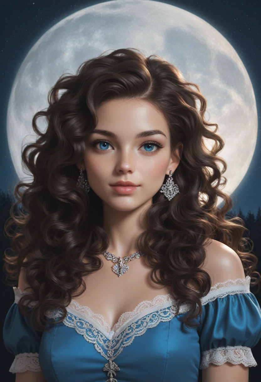 score_9, score_8_up, score_7_up, score_6_up, rating:safe, 1girl, solo, black_hair, wavy_hair, jewelry, blue_eyes, earrings, long_hair, looking_at_viewer, curly_hair, upper_body, lips, lace, (night:1.3), cxqz8r, medieval_landscape, fullmoon, rpg, hair_over_breasts, hair_censor, naked, rating:safe