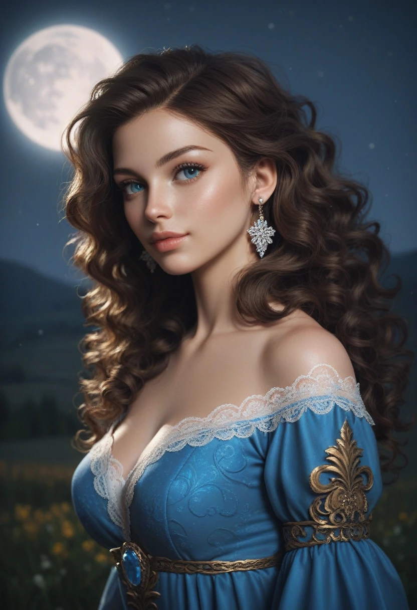 score_9, score_8_up, score_7_up, score_6_up, rating: safe, 1girl, solo, (black_hair:1.3), wavy_hair, jewelry, dress, blue_eyes, earrings, (long_hair:1.4), looking_at_viewer, curly_hair, upper_body, lips, lace, blue_dress, (night:1.3), cxqz8r, medieval_dress, medieval_landscape, fullmoon