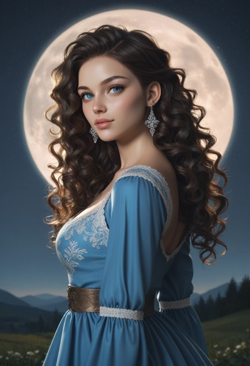 score_9, score_8_up, score_7_up, score_6_up, rating: safe, 1girl, solo, (black_hair:1.3), wavy_hair, jewelry, dress, blue_eyes, earrings, (long_hair:1.4), looking_at_viewer, curly_hair, upper_body, lips, lace, blue_dress, (night:1.3), cxqz8r, medieval_dress, medieval_landscape, fullmoon