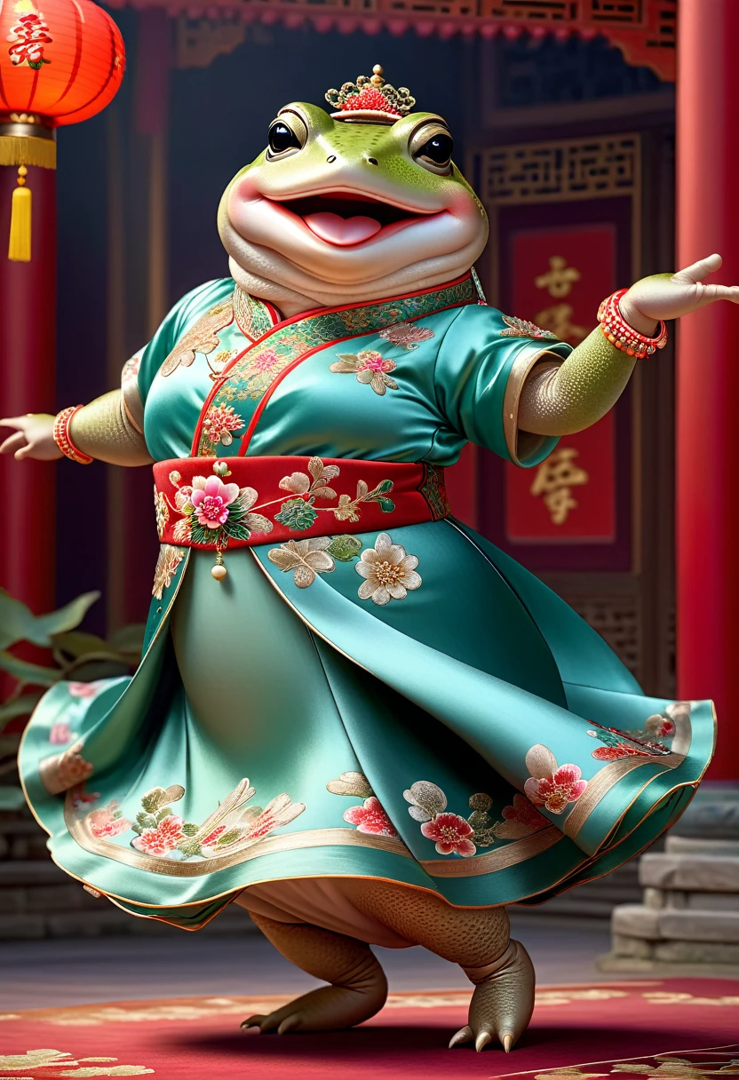 photorealistic portrait of Dressed animals - a ((fat)) ((toad)) dancer,(), (dynamic dancing:2.0), (swinging arms :2.0),(happy smile:1.5),high quality,(happy),(lovely) ,intricate details, (accessories), highly detailed (( Cheongsam)) ,highly detailed decorations of clothes, Wearing Cheongsams, , (happy), soft lighting,(full body image:1.5),Chinese palace background,(viewed from side:2.0),