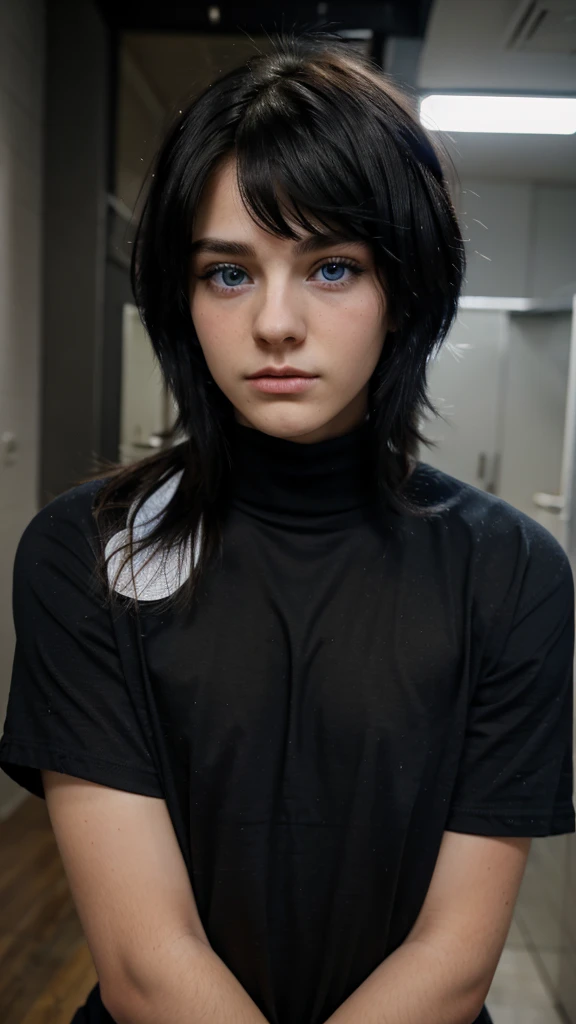 Beautiful 19 year old femboy, boyish face, big blue eyes, black shaggy hair