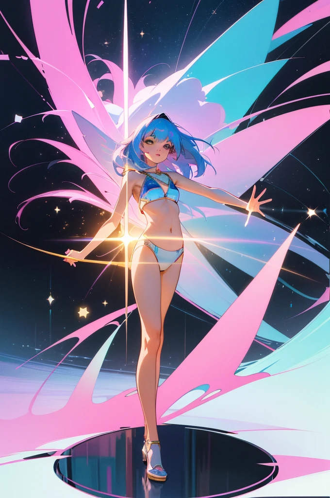 ((ultra quality)), ((realistic,digital art)), (hyper detailed) Hyperrealistic image Beautiful woman in a white bikini standing in front of a window, a hologram of Isabel Naftel, instagram, super flat, white background, full body, sensual, fairy, starry night, pink color, blue color, gold color, black color, anime style 3d ilya kuvshinov style