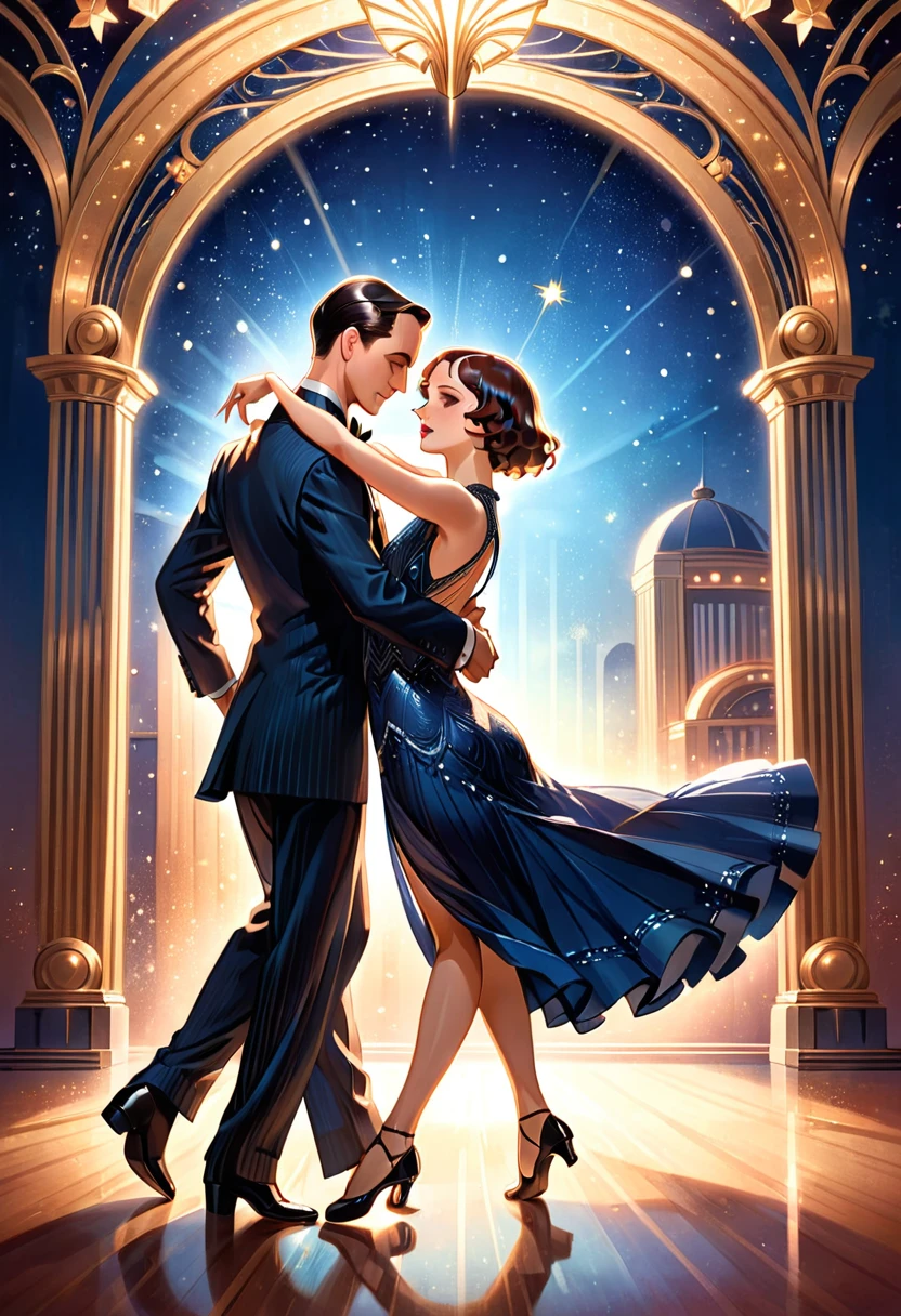 a man and woman dancing tango, art deco ballroom, 1920s, man facing forward, woman facing away from viewer, elegant dance, small stars are shining in the dark blue sky, detailed facial features, beautiful dress, formal attire, dramatic lighting, warm color palette, high-quality,