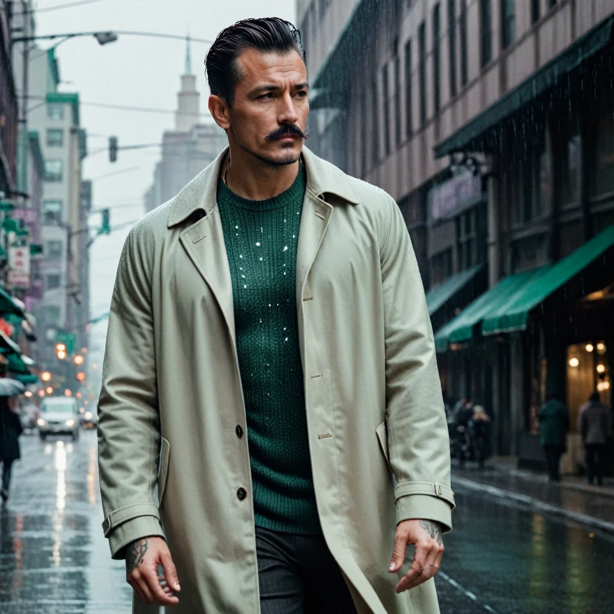 photorealistic, cinematic, raw photo, low angle shot, man, mature, dark brown hair, side part hairstyle with shaved sides, thin mustache, tattoos on head, wearing light beige raglan coat, bottle green sweater, light lavender checked shirt, walking on streets of city, rain