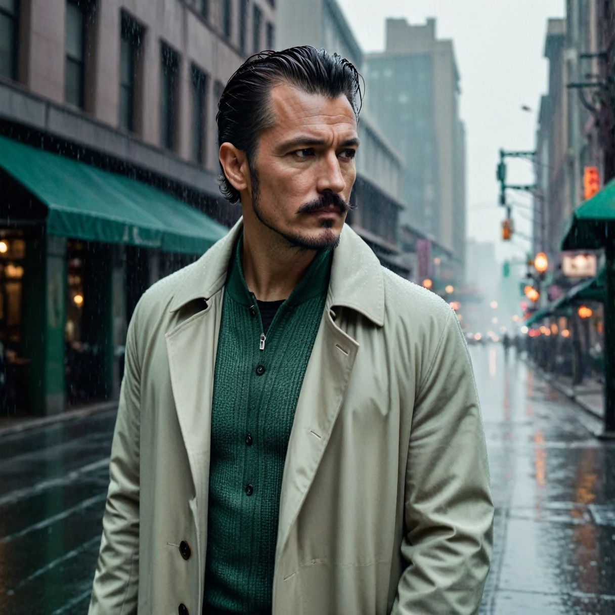 photorealistic, cinematic, raw photo, low angle shot, man, mature, dark brown hair, side part hairstyle with shaved sides, thin mustache, tattoos on head, wearing light beige raglan coat, bottle green sweater, light lavender checked shirt, walking on streets of city, rain