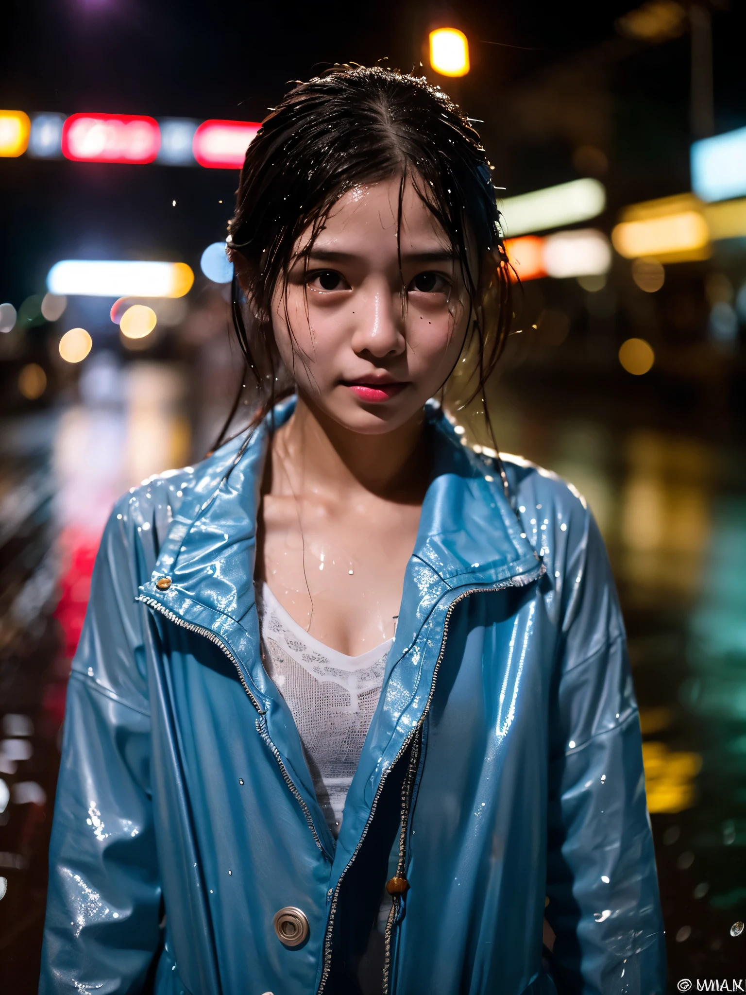 songkran,Wet roads , soaked through,drenched, Dripping, Wet Face,Wet clothes, Wet Skin, Wet Hair,A young woman with a cute face like an idol,chest,(Cinema lighting),(High level of artistry),RAW Photos,Genuine,Genuine,High resolution,RAW Photos,masterpiece, beautiful