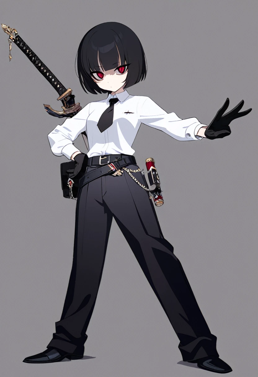 One woman,Dynamic,whole body,Are standing,mysterious,Concept Art,Character Design,Jet black straight hair,The bangs are trimmed to accentuate the eyes.,Well-proportioned face,Sharp Eyes,White shirt,Black tie,Black slacks,Silver cufflinks on the left hand,On the ring finger of her right hand she wears a simple silver ring.。Luxury watches,Black leather shoes,beltでウエストラインを強調,Stylish,Red eyes,belt,Stylish,Simple background gray,Details,Okabo Hair,Half-open eyes,Cool appearance,,Black gloves,Short Hair,Narrow eyes,Accentuated body lines,Has a sword on his waist,