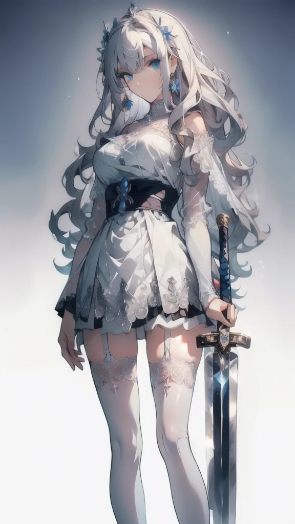 ((masterpiece, best quality)), Delicate face，Sword Princess，whole body，Long legs，Large Breasts，Gradient long wavy hair，Perfect body proportions，beautiful eyes，Extremely beautiful，transparent， Pure white background，Nude，Lace，Garter stockings