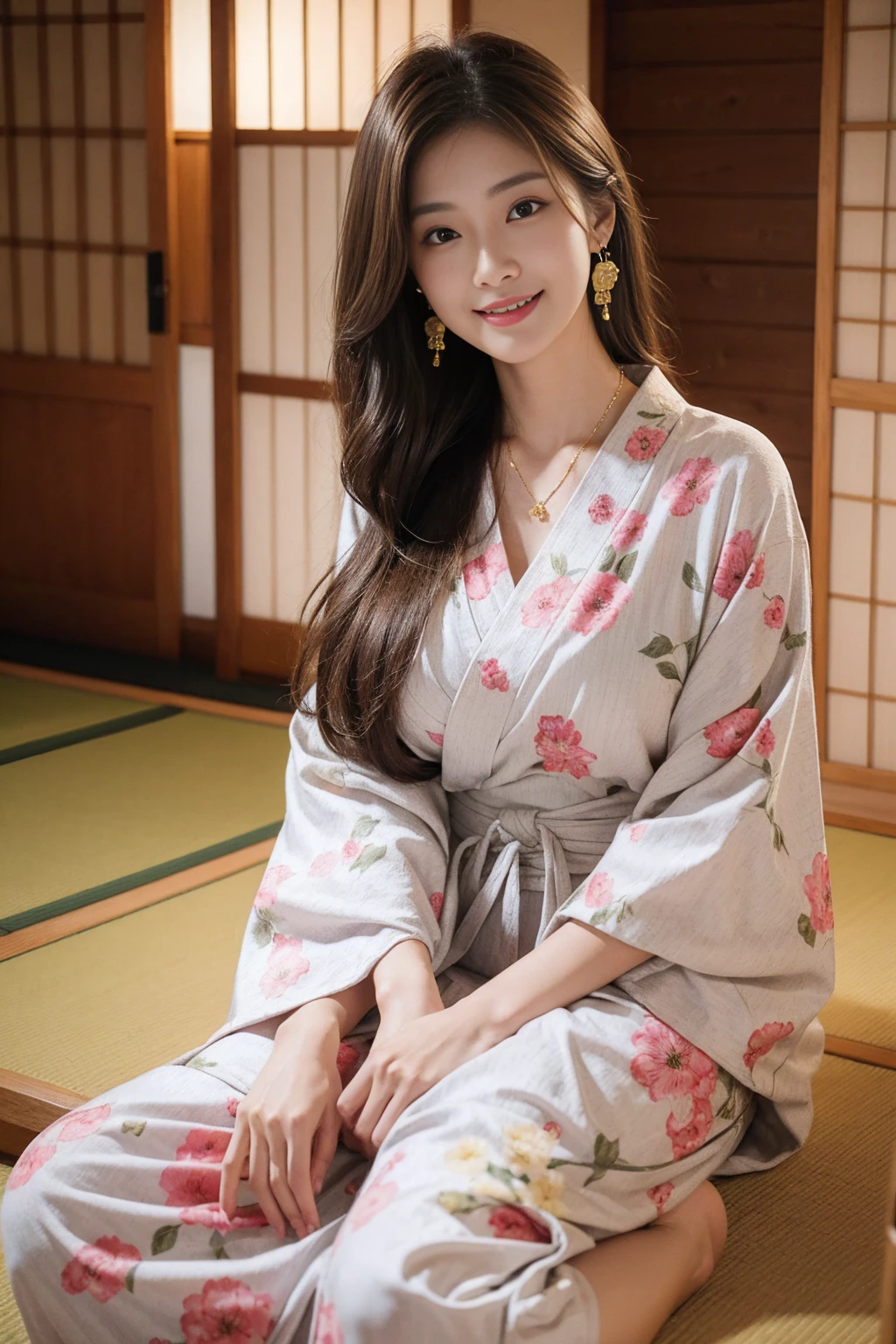 Highest quality,8K, Detailed facial depiction, Detailed description of the eyes,One Woman, Light brown hair(Medium-long hair),Beautiful Japanese Girl,24-years-old,Cute eyes,Cute Smile,Yukata beauty,Golden floral yukata,Slender body, Large, plump breast size, Long and beautiful legs,Smiling, Colorful earrings,necklace,Are standing,Beautiful nape,Japan tatami room,Sitting upright,Dry landscape garden,wind chimes