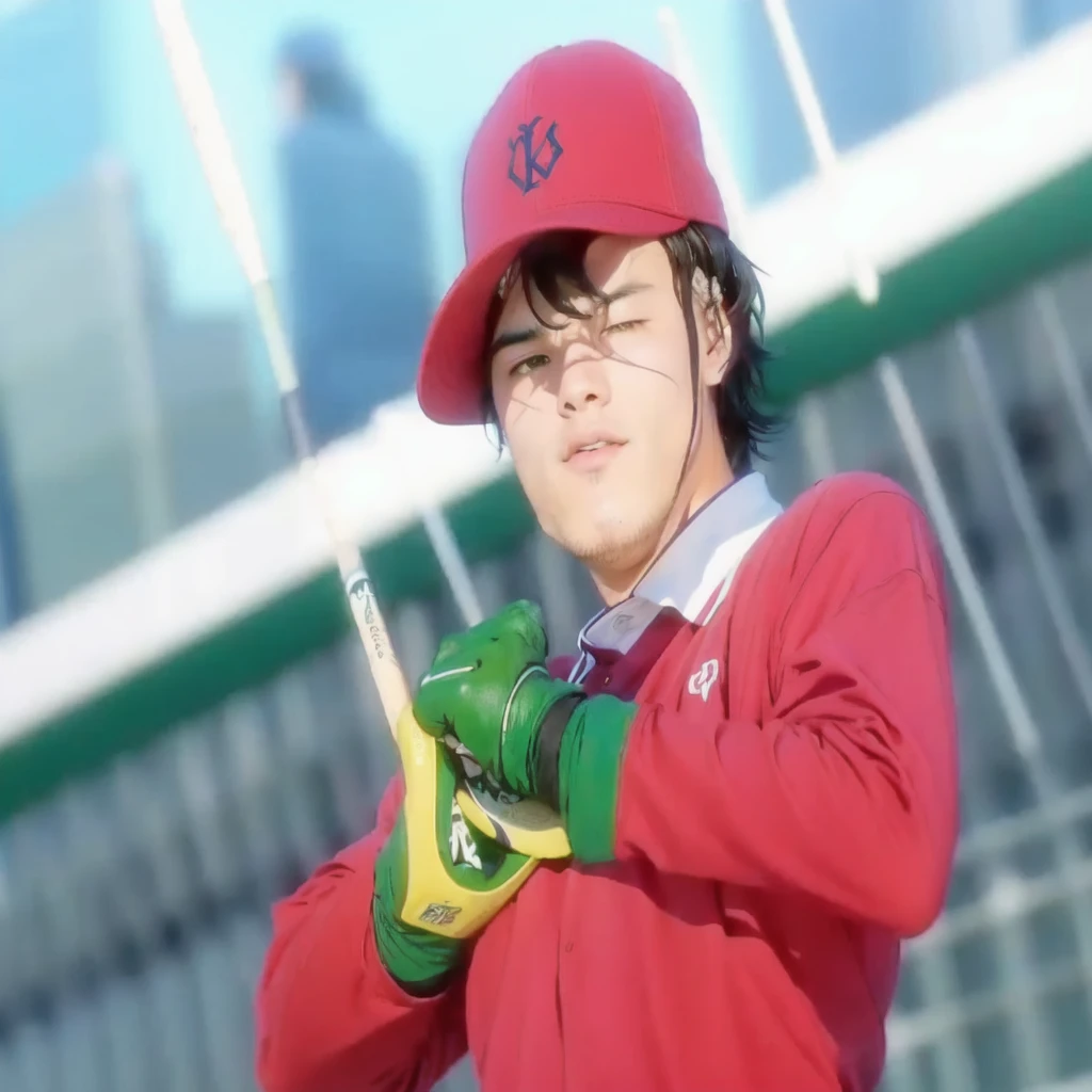 a close up of a baseball player holding a bat in a field, inspired by Junpei Satoh, safebooru anime image, shuushuu anime image, kentaro miura!, wataru kajika, drawn like the anime speed racer, manga style of kentaro miura, fukaya yuichiro, yukio - e, today's featured anime still, realistis