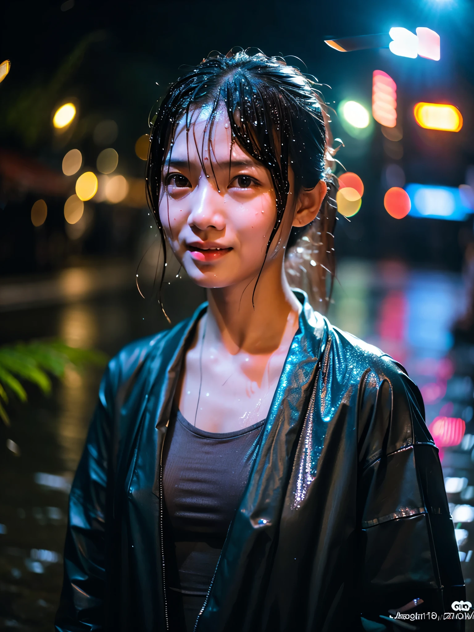 songkran,Wet roads , soaked through,drenched, Dripping, Wet Face,Wet clothes, Wet Skin, Wet Hair,A young woman with a cute face like an idol,chest,(Cinema lighting),(High level of artistry),RAW Photos,Genuine,Genuine,High resolution,RAW Photos,masterpiece, beautiful