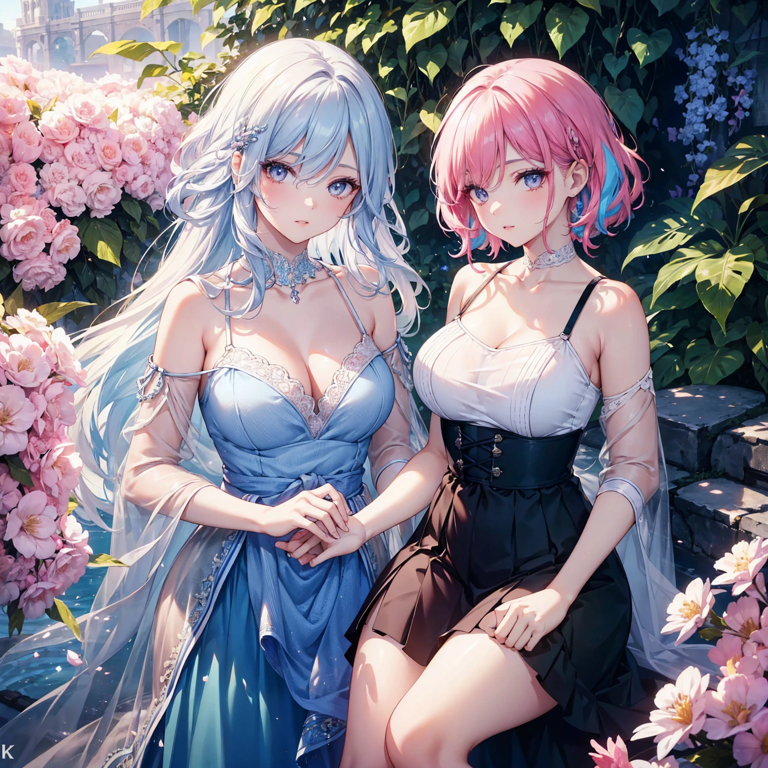 a woman with colorful hair in a beautiful spring dress, outdoor, on a magazine cover, wearing a transparent short skirt, spaghetti straps, sheer fabric, wide hips, slim waist, smooth and delicate skin, (best quality,4k,8k,highres,masterpiece:1.2),ultra-detailed,(realistic,photorealistic),detailed eyes,detailed lips,extremely detailed eyes and face,long eyelashes,intricate details,beautiful fashion,vibrant colors,natural lighting,cinematic,editorial style