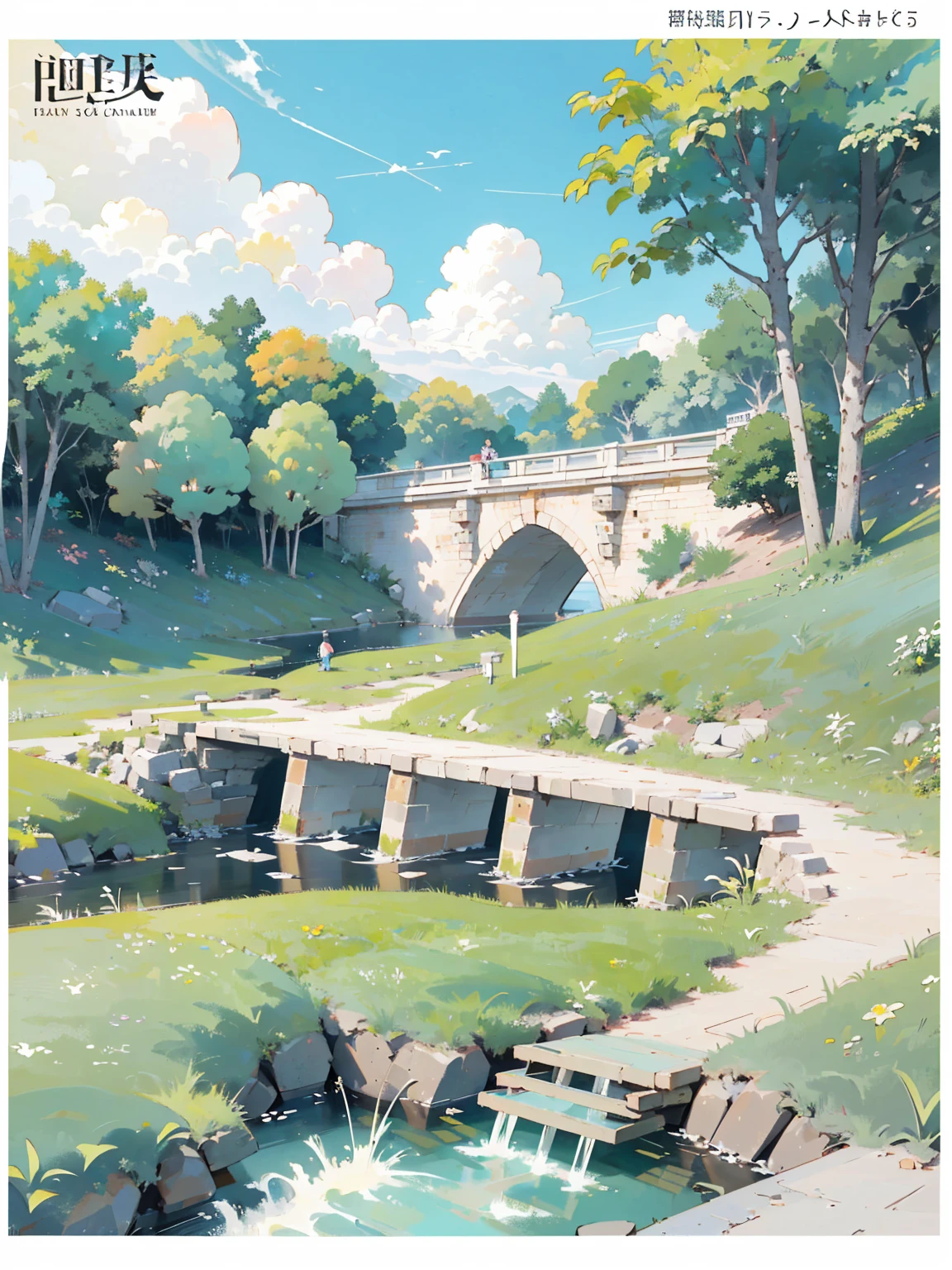Anime Background, Ghibli background style, The art of math、Yuru Chara Style、Cute storybook illustrations,Distant clouds,A bridge in the middle of the picture,There is a stream under the bridge,和light, cream, Giorgio Morandi colors, Thick Line Graph, Full color illustrations, Picnic in the forest, Cover Illustration, landscape,plant, Natural Style, (light:1.0),masterpiece,Best quality,