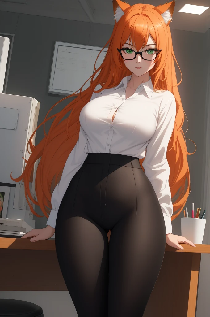 (masterpiece, Best quality), 8K, ultra detailed, realistic photo, Detailed face, perfect lighting, green eyes, bright orange hair, bright hair, fox ears, nice legs, side photo, beautiful, Cute, skin pores, 1 girl, perfect shirt, fully dressed, beautiful women 30 years old, Beautiful proportions, Russian woman, Caucasian, European, Business lady, stunningly beautiful woman, mother, thick legs, show ass, big breasts, (Thin white shirt:1.4), thick, hot, (White Office Wear:1.4), tight pants, (wide hips:1.2), thick, (white Office pants:1.3), spread your legs, Legs open, full length, wide hips, Glasses, with long orange hair, standing on the beach near the ocean, green eyes detailed digital anime art, cat ear, anime girl with long hair, гладкое аниме cg art, anime girl with long hair, digital anime art, work in Guweiz style, Beautiful anime portrait, Photorealistic render of an anime girl, pantyhose, Beautiful anime girl, advanced digital anime art, guweiz на artstation pixiv HD UHD HQ