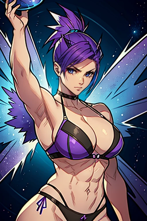 muscular woman with purple and blue mohawk punk hair down to below shoulders with fly wings with four arms, two at normal height and two below the ribs and with a glass belly full of blue and purple plasma.