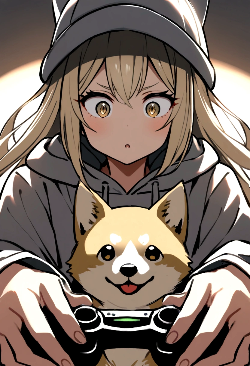Wolf Hair、Big eyes、Long eyeliner、I like Shiba Inu, Cat, Have a game controller.、He is wearing a gray hoodie and a gray hat...Beige long hair。