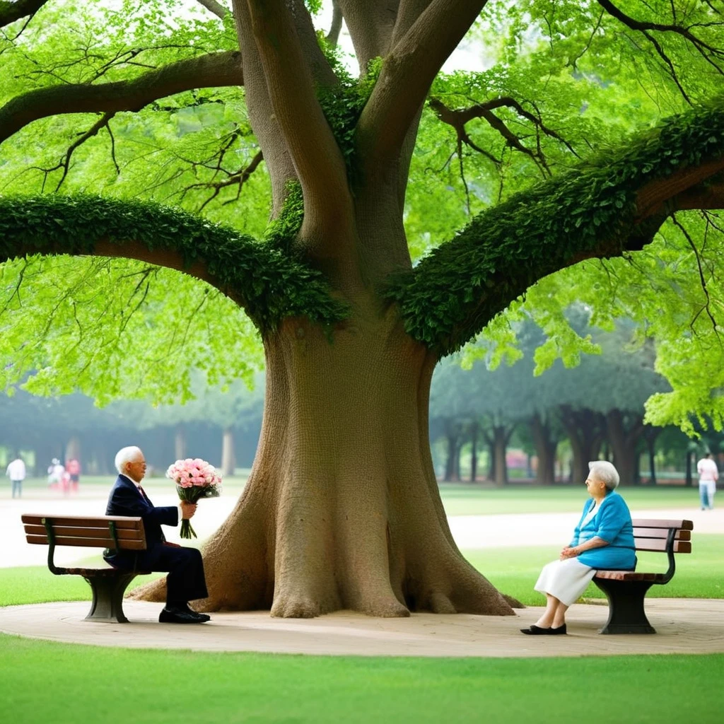 This photo captures a warm moment in a spring park. In the center of the screen is a tall and lush green tree, with its trunk forming the central axis of the symmetrical composition. An 80 year old couple separated on both sides of the tree trunk, with their grandfather on the left and grandmother on the right, separated by one meter from each other, forming a harmonious triangular relationship with the tree trunk. Behind them, two park benches stand quietly, adding a sense of balance to the picture. Grandpa stood upright, holding the trunk of a tree, while Grandma elegantly held a bouquet of flowers. Their faces were filled with happy smiles, conveying a full of love and warmth.