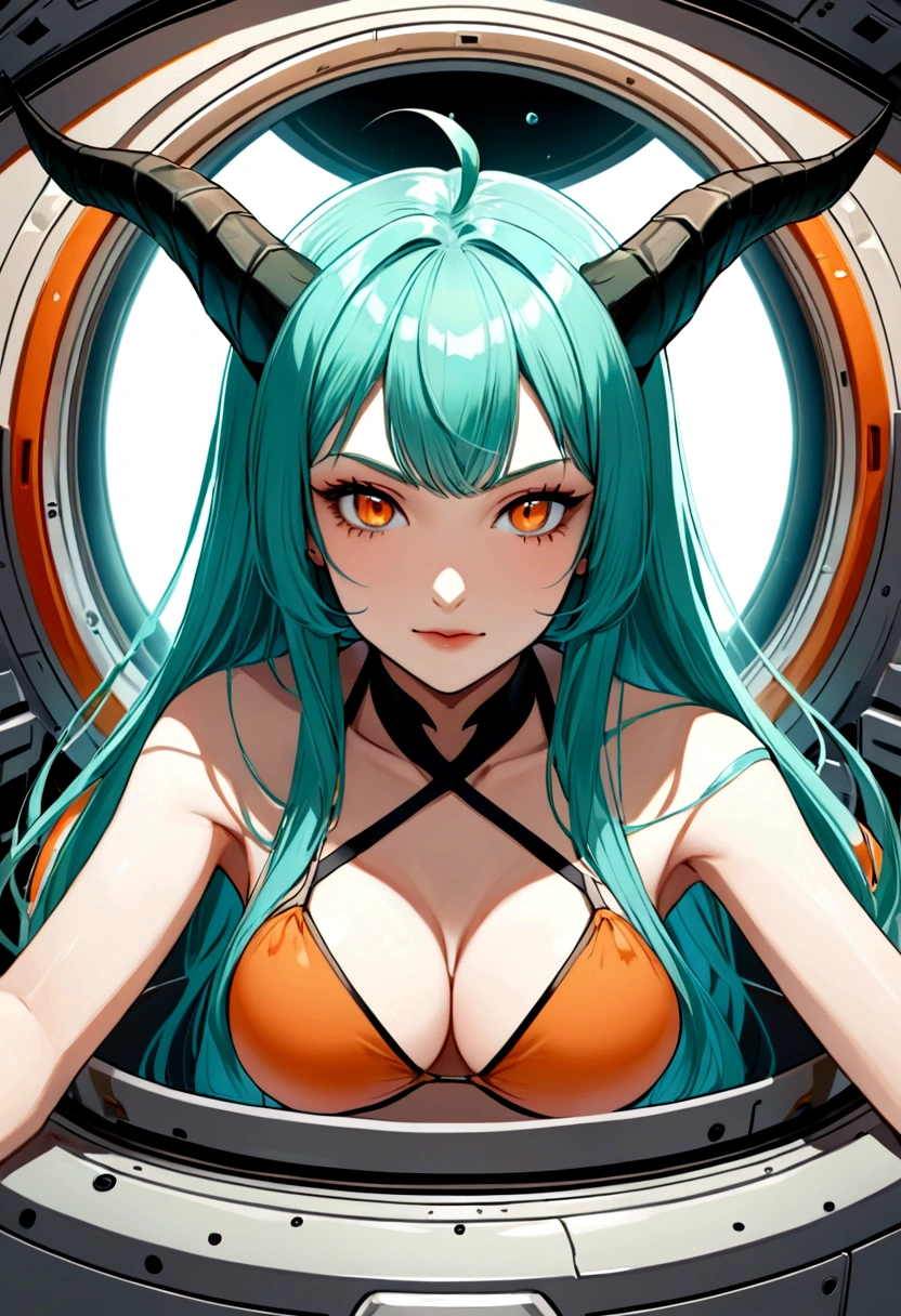 score_9, score_8_up, score_7_up,1 daemon woman, straight demon horns, (black horns),(upward-pointing horns) , vertical horns, black demon tail, (aquamarine hair),aquamarine green color hair,ahoge, long hair, (long hair),bangs, light orange bikini,bikini is orange, bikini orange, orange bikini!, (orange eyes), background is spaceship, orange eyes, 1woman ,facing viewer, daemon girl, bubbles, tube, close up,Well-endowed, alone,Spacecraft interior