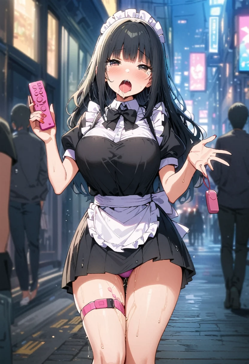 (throw_hand, pink vibrator remote switch in throw_hand, throw:1.2), Highest quality, Super detailed, masterpiece, Ultra-high resolution, 8K, Ridiculous, Cowboy Shooting, Blurred, One girl, Embarrassing, blush, Lovely, , With tears in her eyes and her mouth open, What saliva leaves behind, Wet skirt hem, Not wearing pants, Bulging of the vibrator cord, Vibrator with Garters, ,Squirting、,Black Hair、Maid clothes,Peeing、night、In the city with no one